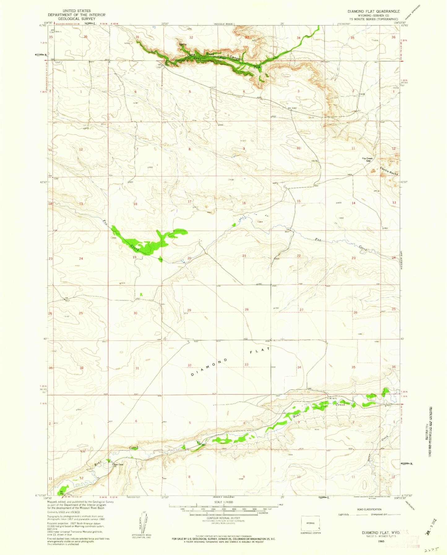 Classic USGS Diamond Flat Wyoming 7.5'x7.5' Topo Map Image