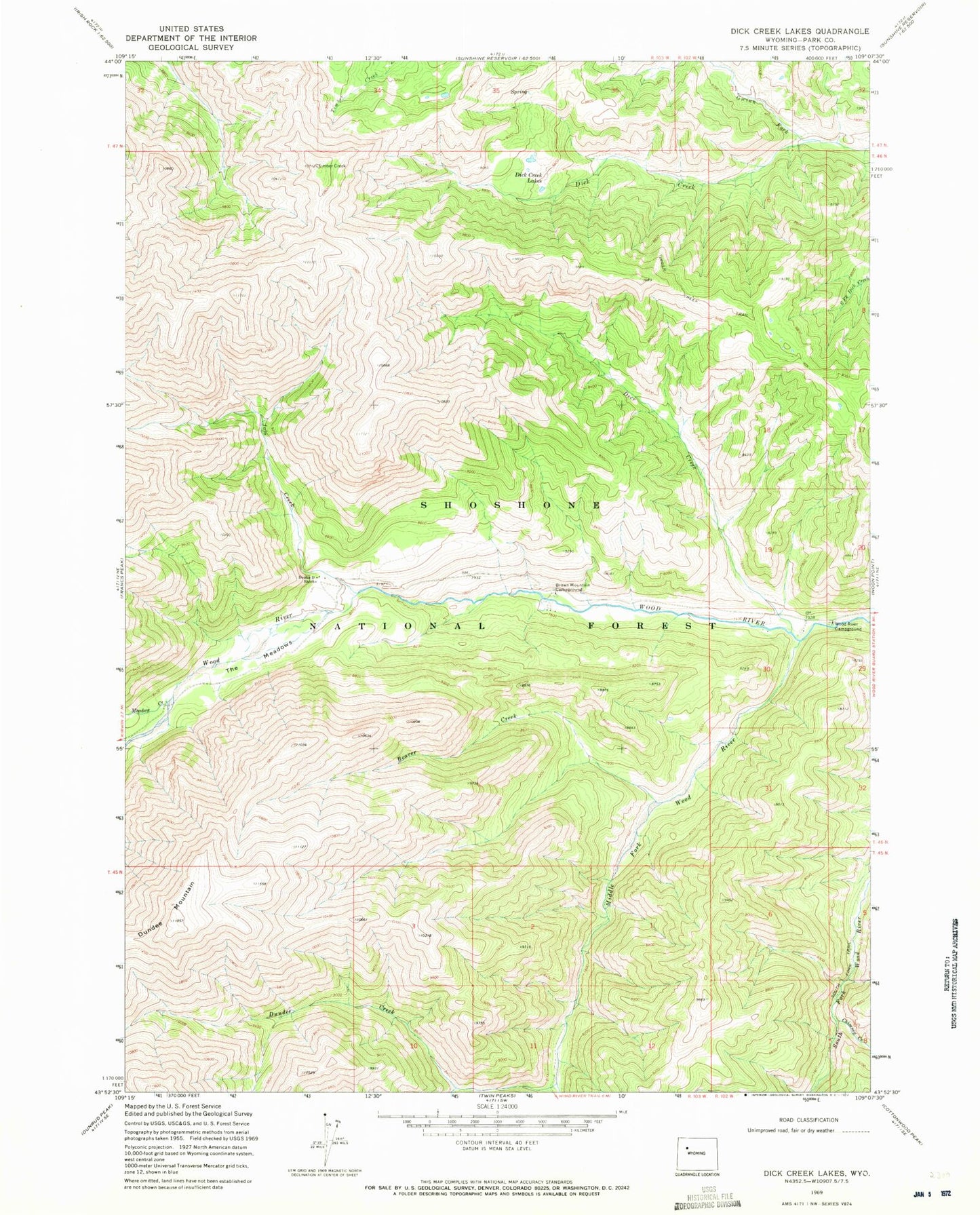Classic USGS Dick Creek Lakes Wyoming 7.5'x7.5' Topo Map Image