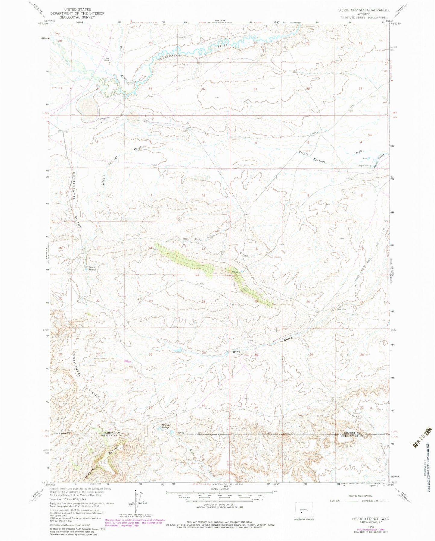 Classic USGS Dickie Springs Wyoming 7.5'x7.5' Topo Map Image