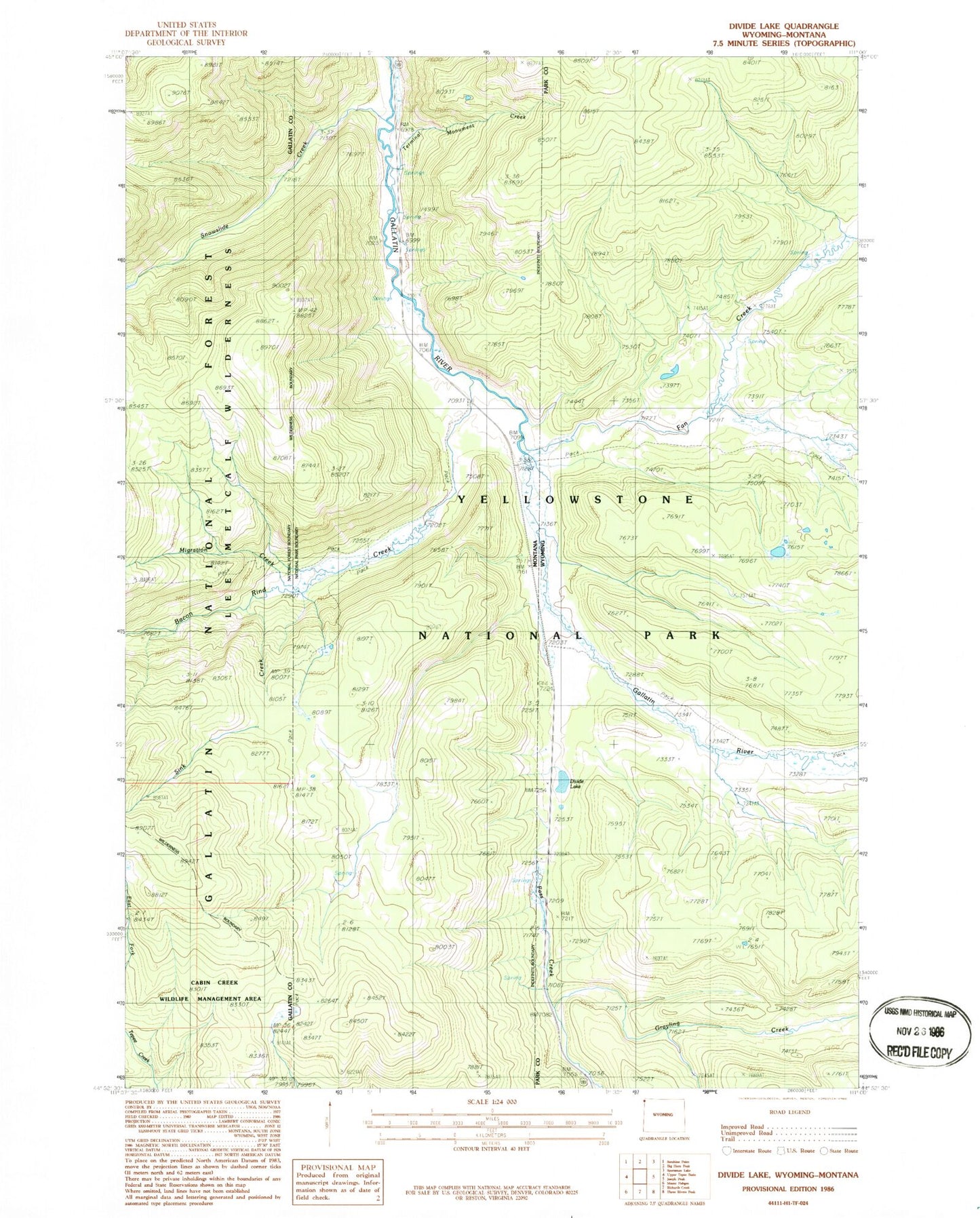 Classic USGS Divide Lake Wyoming 7.5'x7.5' Topo Map Image