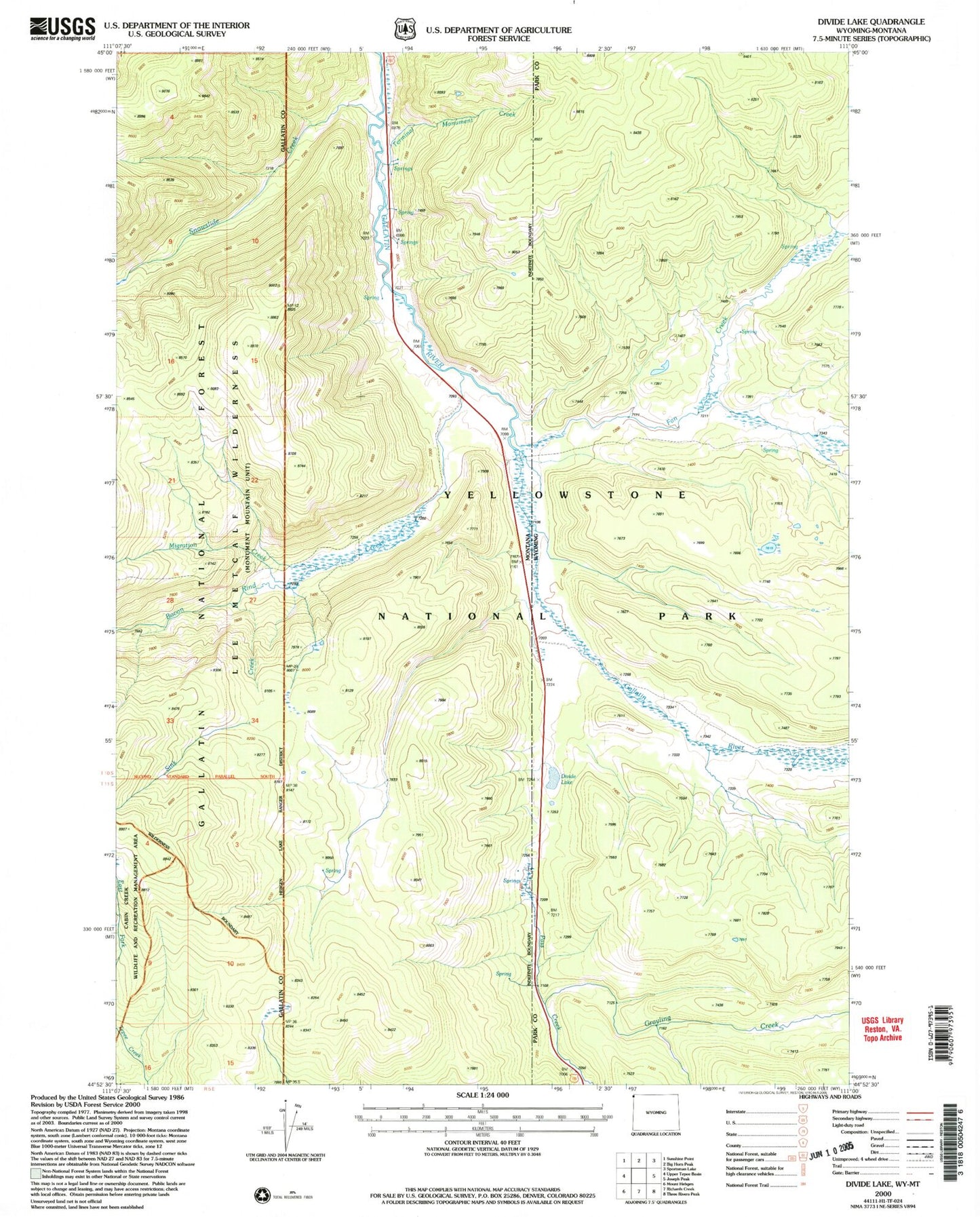 Classic USGS Divide Lake Wyoming 7.5'x7.5' Topo Map Image