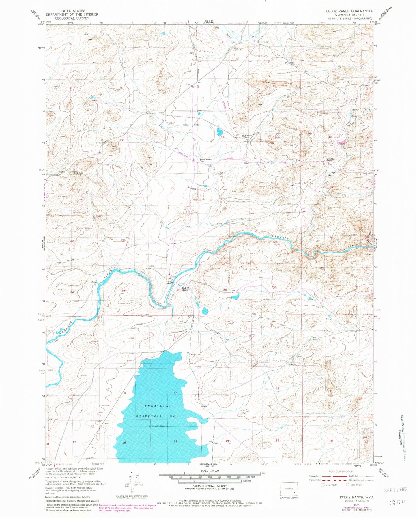 Classic USGS Dodge Ranch Wyoming 7.5'x7.5' Topo Map Image