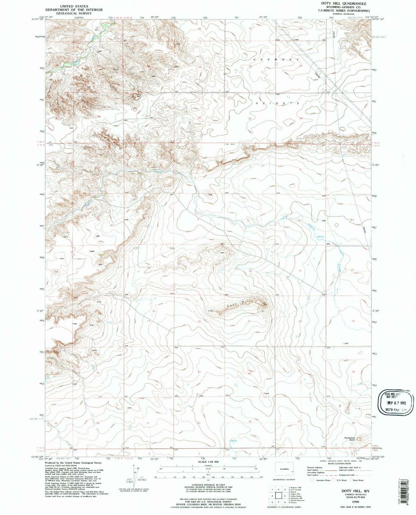 Classic USGS Doty Hill Wyoming 7.5'x7.5' Topo Map Image
