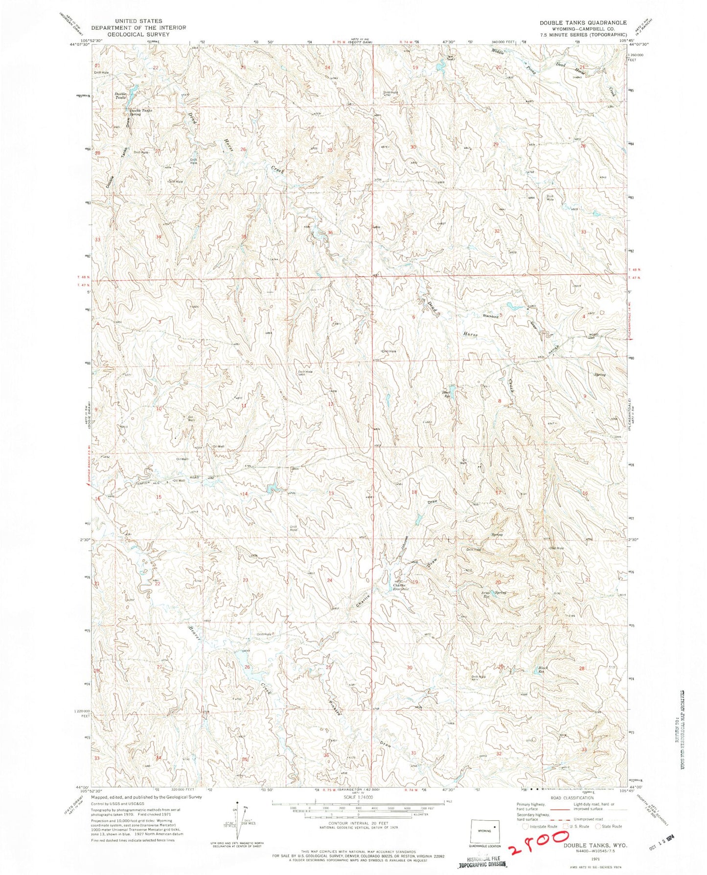 Classic USGS Double Tanks Wyoming 7.5'x7.5' Topo Map Image