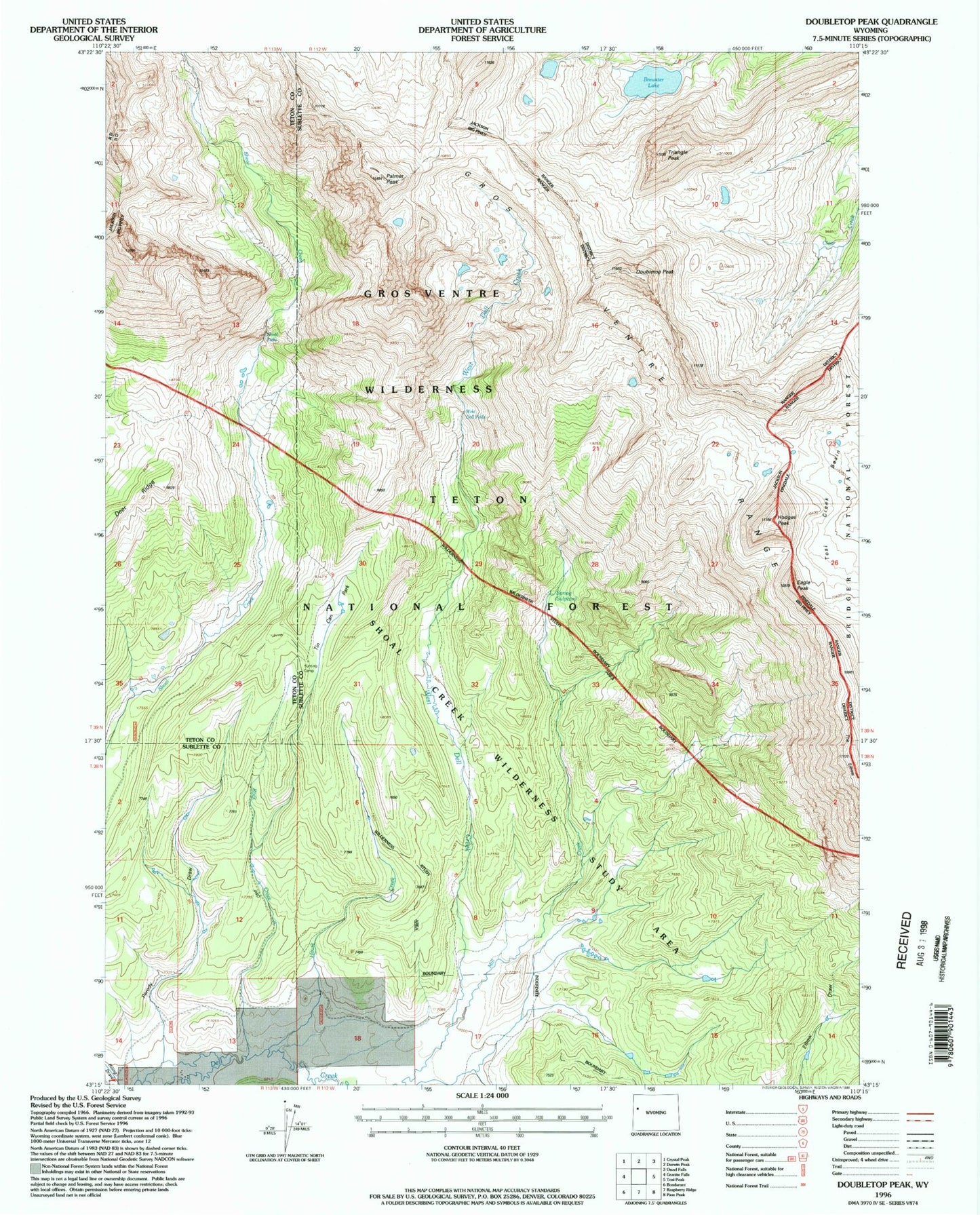 Classic USGS Doubletop Peak Wyoming 7.5'x7.5' Topo Map Image