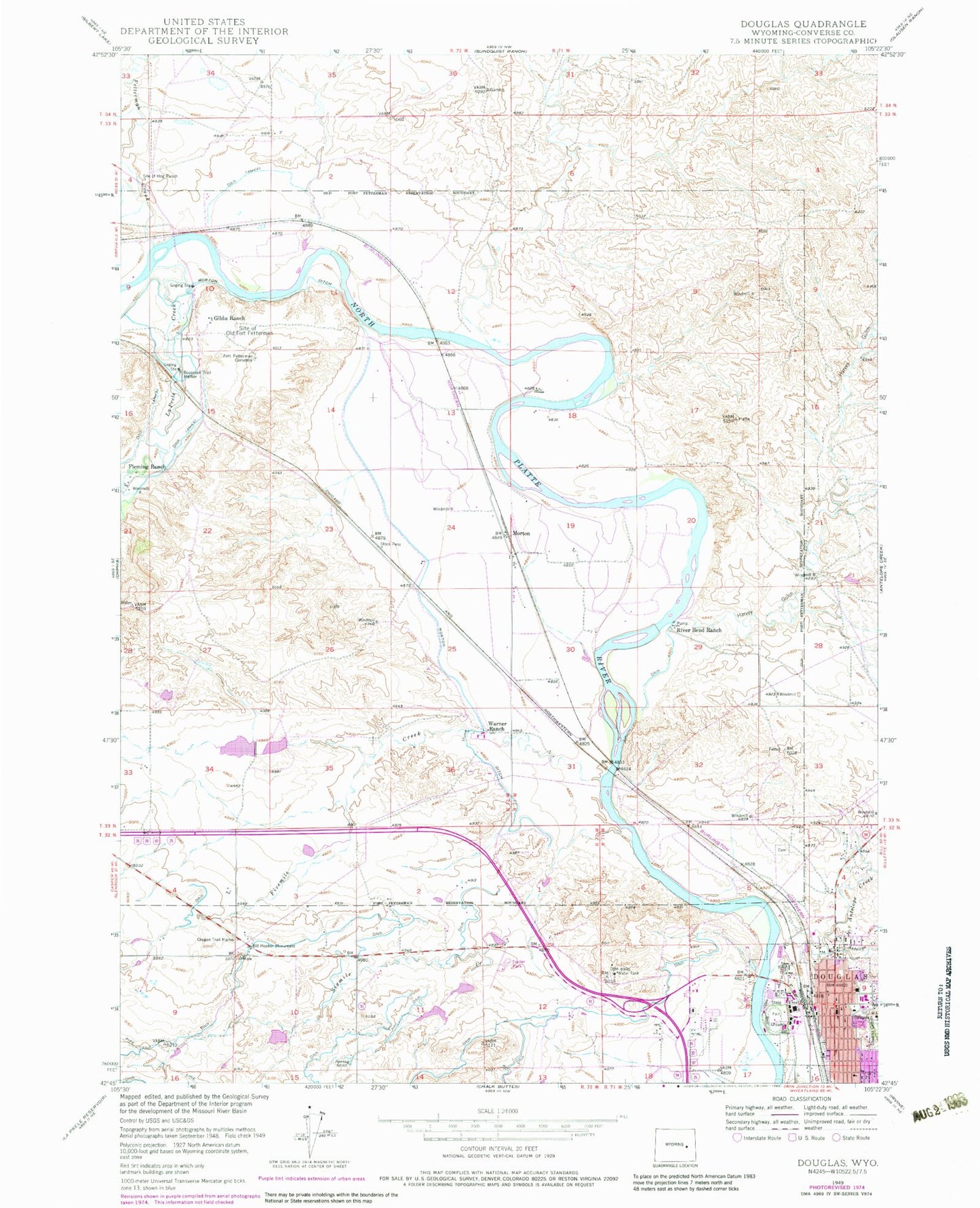 Classic USGS Douglas Wyoming 7.5'x7.5' Topo Map Image