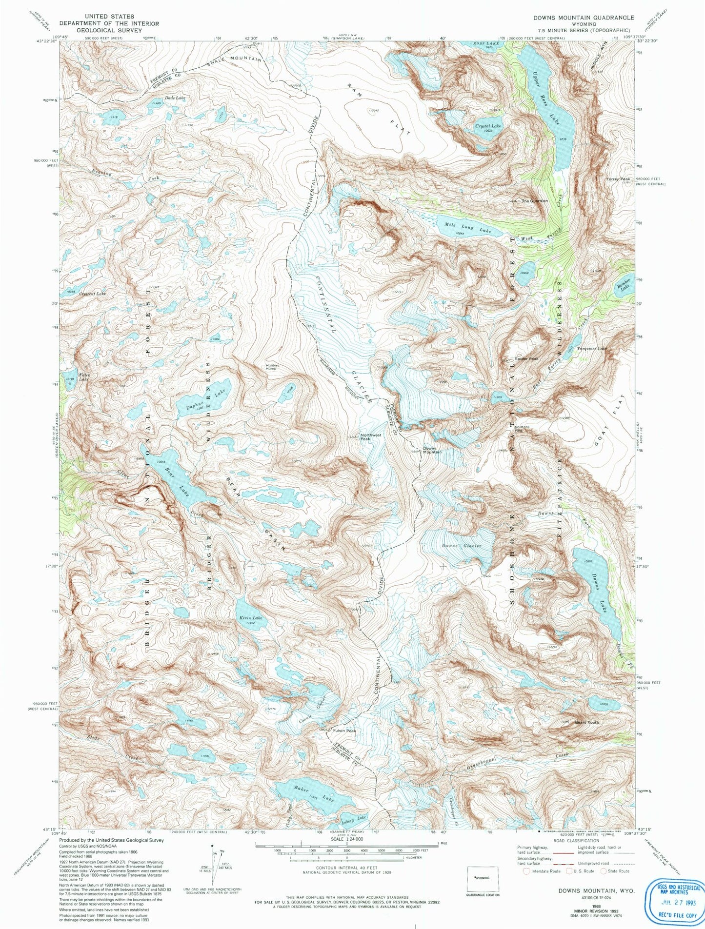 Classic USGS Downs Mountain Wyoming 7.5'x7.5' Topo Map Image