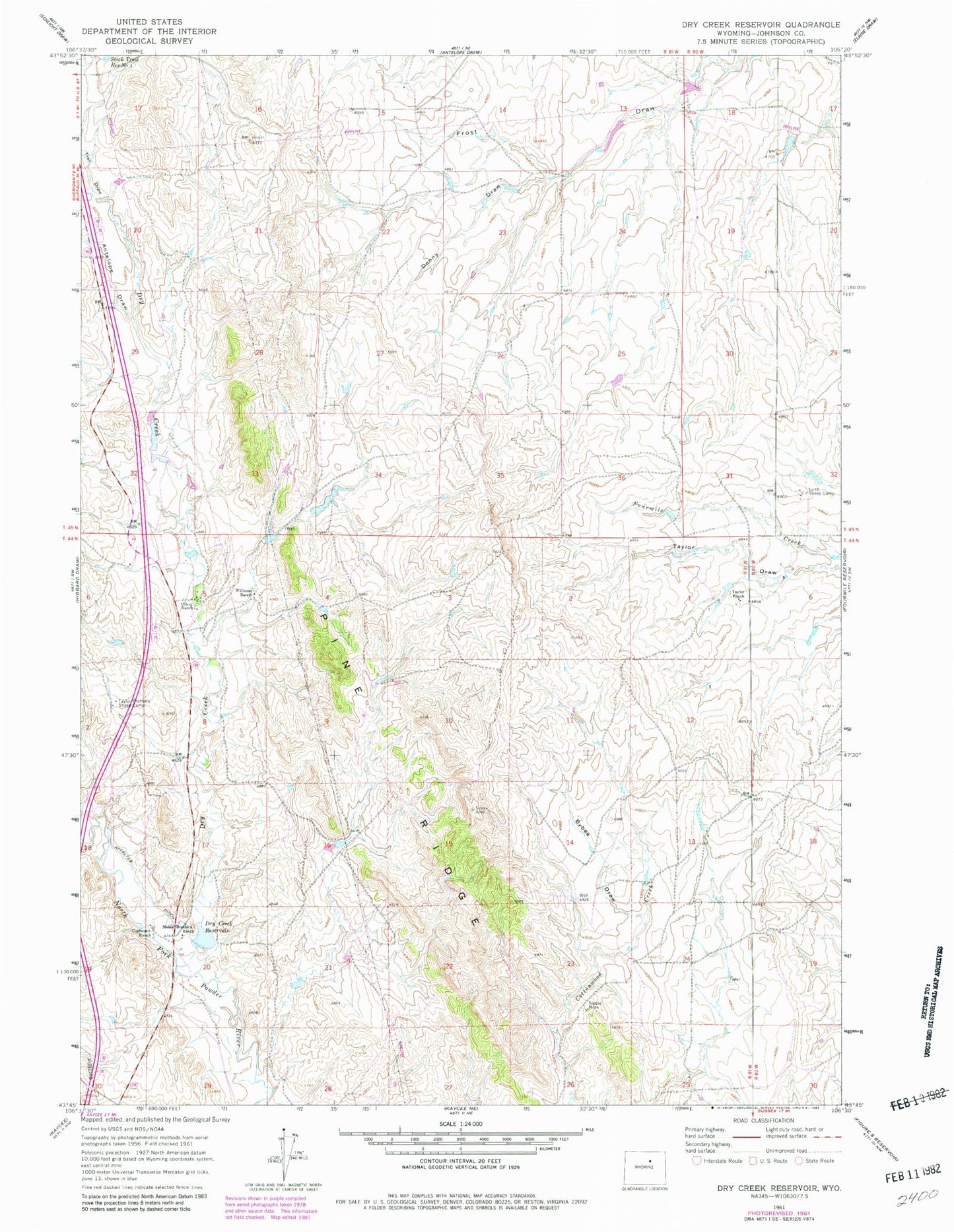 Classic USGS Dry Creek Reservoir Wyoming 7.5'x7.5' Topo Map Image