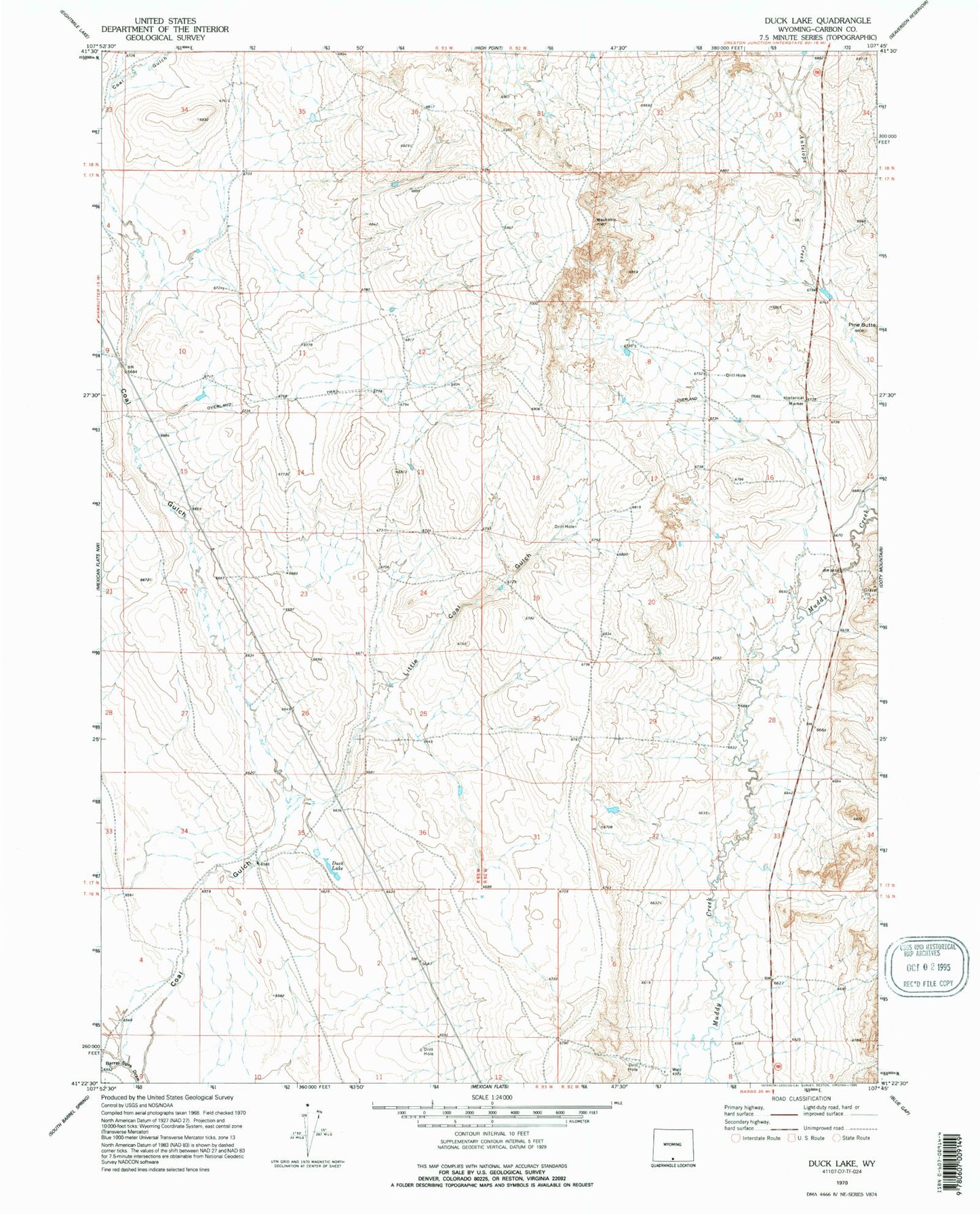 Classic USGS Duck Lake Wyoming 7.5'x7.5' Topo Map Image