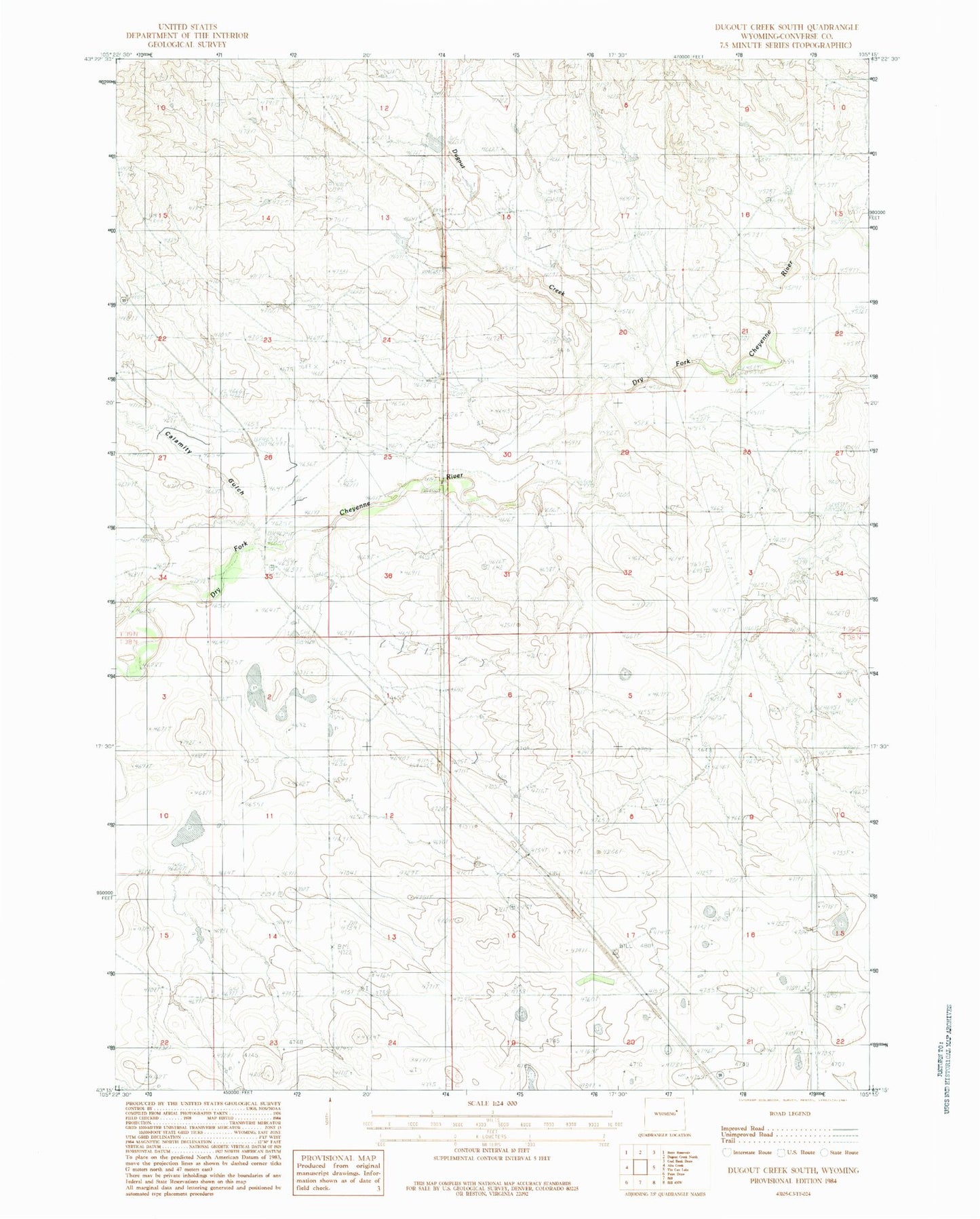 Classic USGS Dugout Creek South Wyoming 7.5'x7.5' Topo Map Image