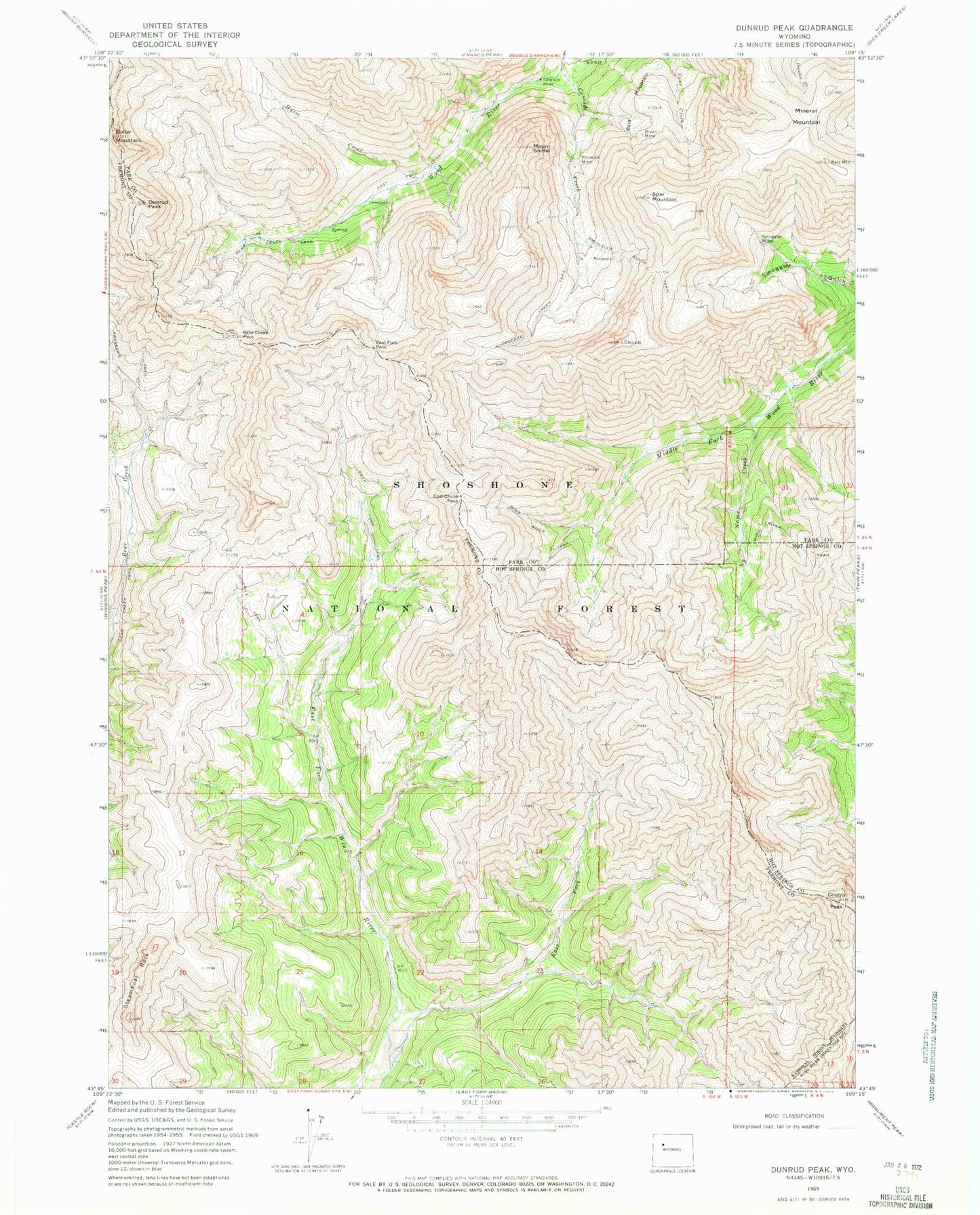 Classic USGS Dunrud Peak Wyoming 7.5'x7.5' Topo Map Image
