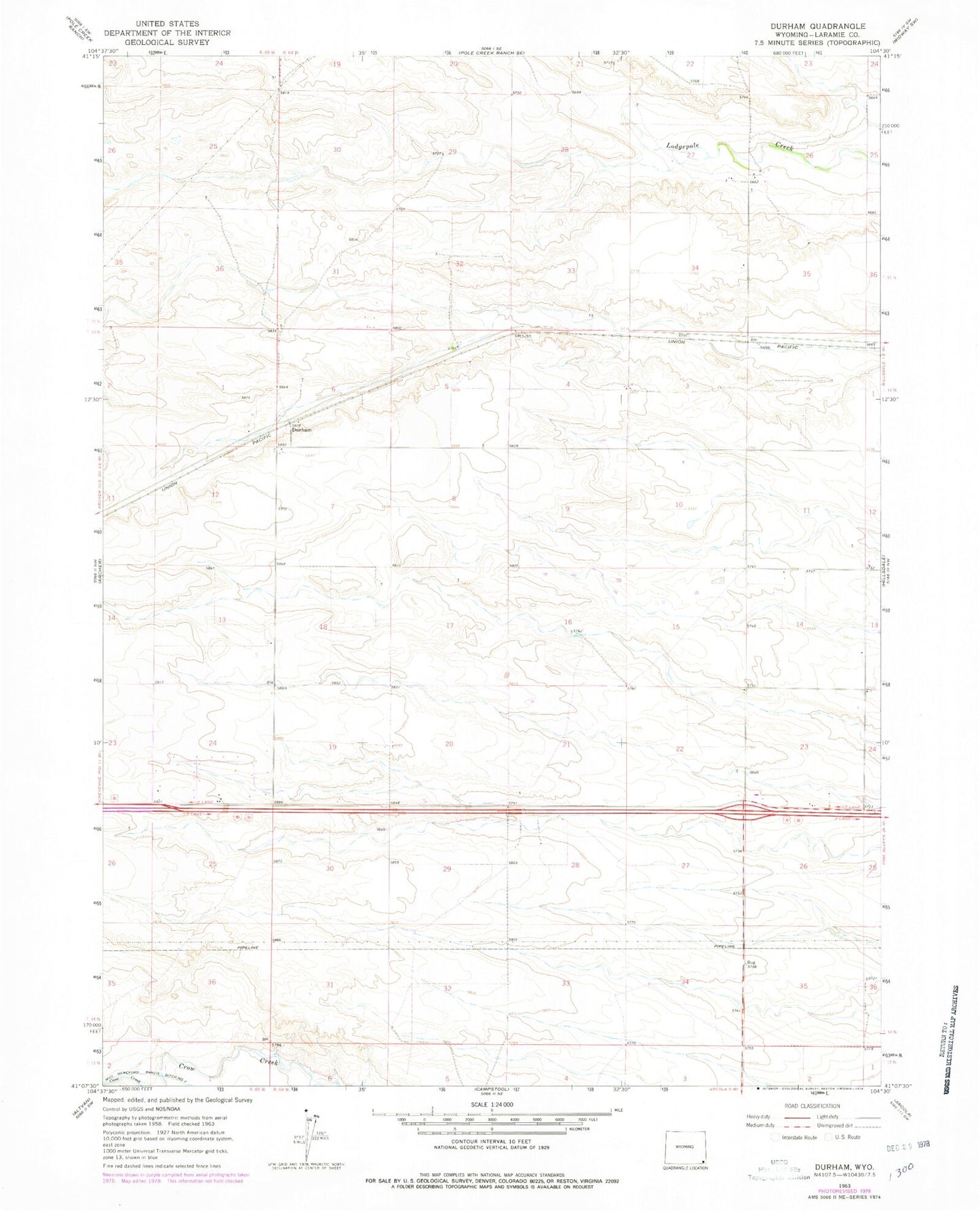 Classic USGS Durham Wyoming 7.5'x7.5' Topo Map Image