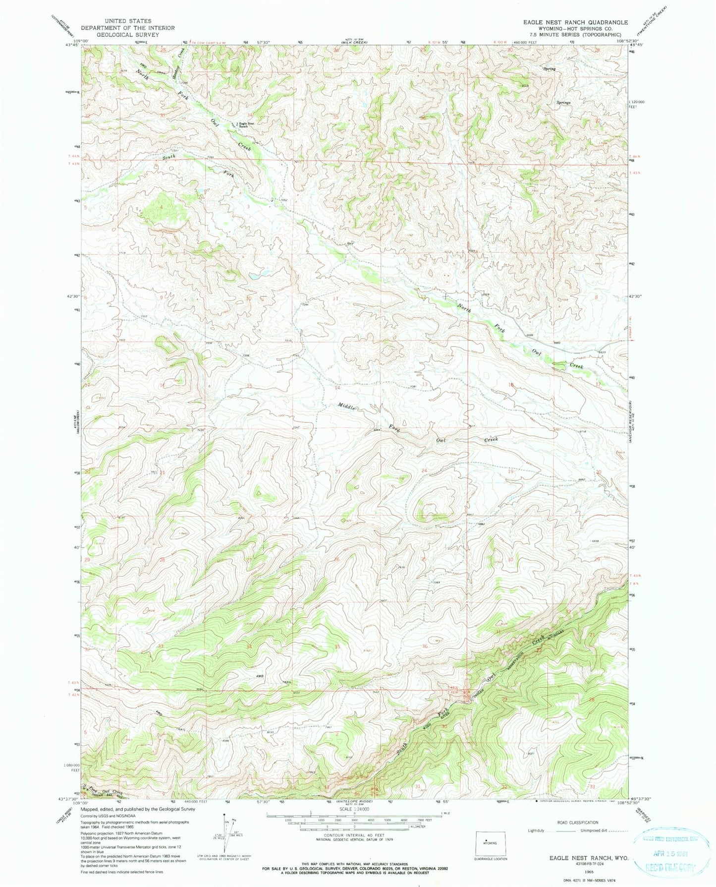 Classic USGS Eagle Nest Ranch Wyoming 7.5'x7.5' Topo Map Image