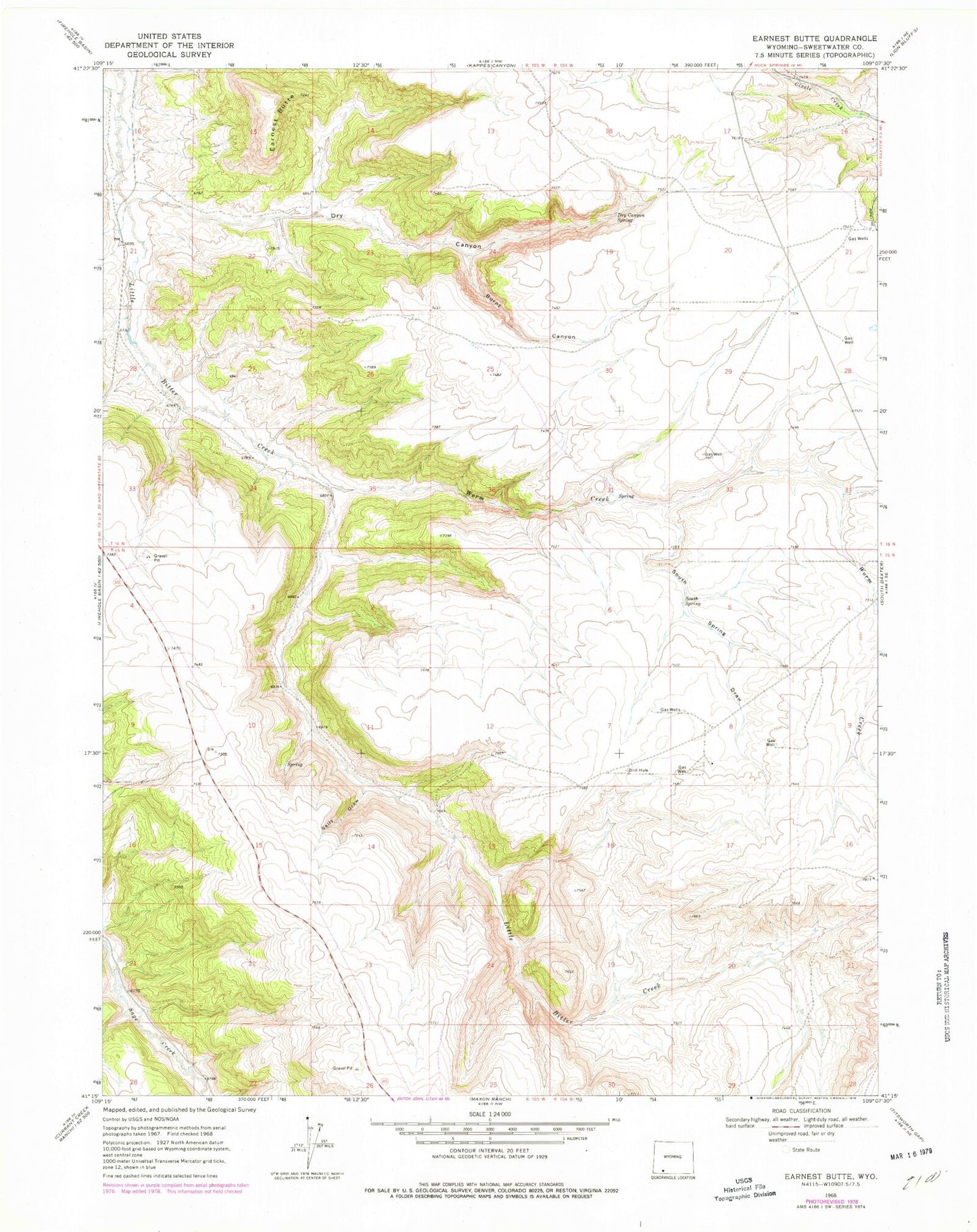Classic USGS Earnest Butte Wyoming 7.5'x7.5' Topo Map Image
