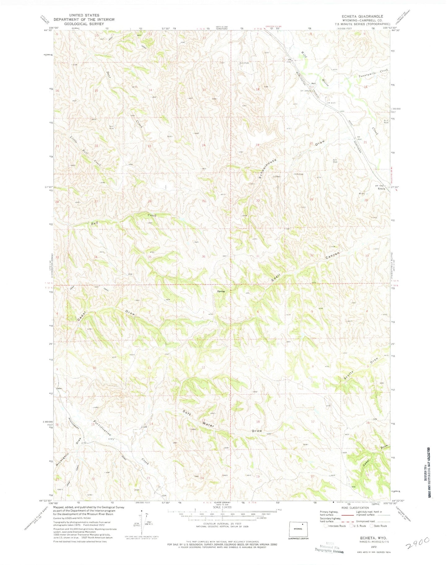 Classic USGS Echeta Wyoming 7.5'x7.5' Topo Map Image