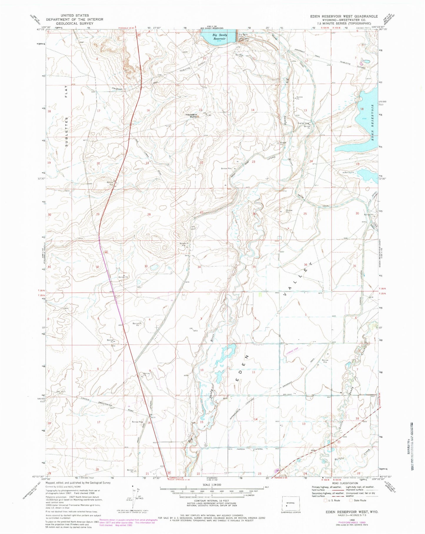 Classic USGS Eden Reservoir West Wyoming 7.5'x7.5' Topo Map Image