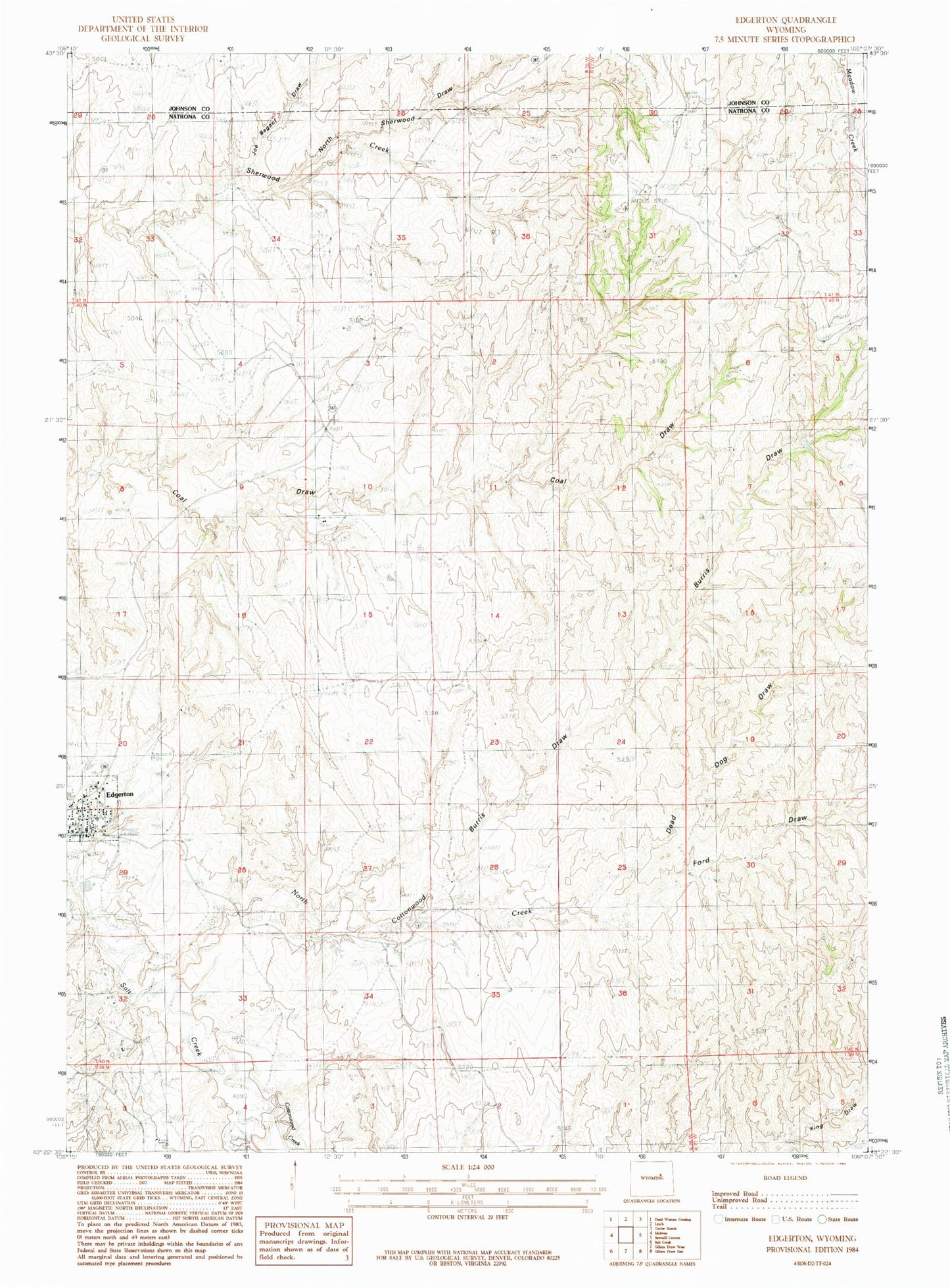 Classic USGS Edgerton Wyoming 7.5'x7.5' Topo Map Image