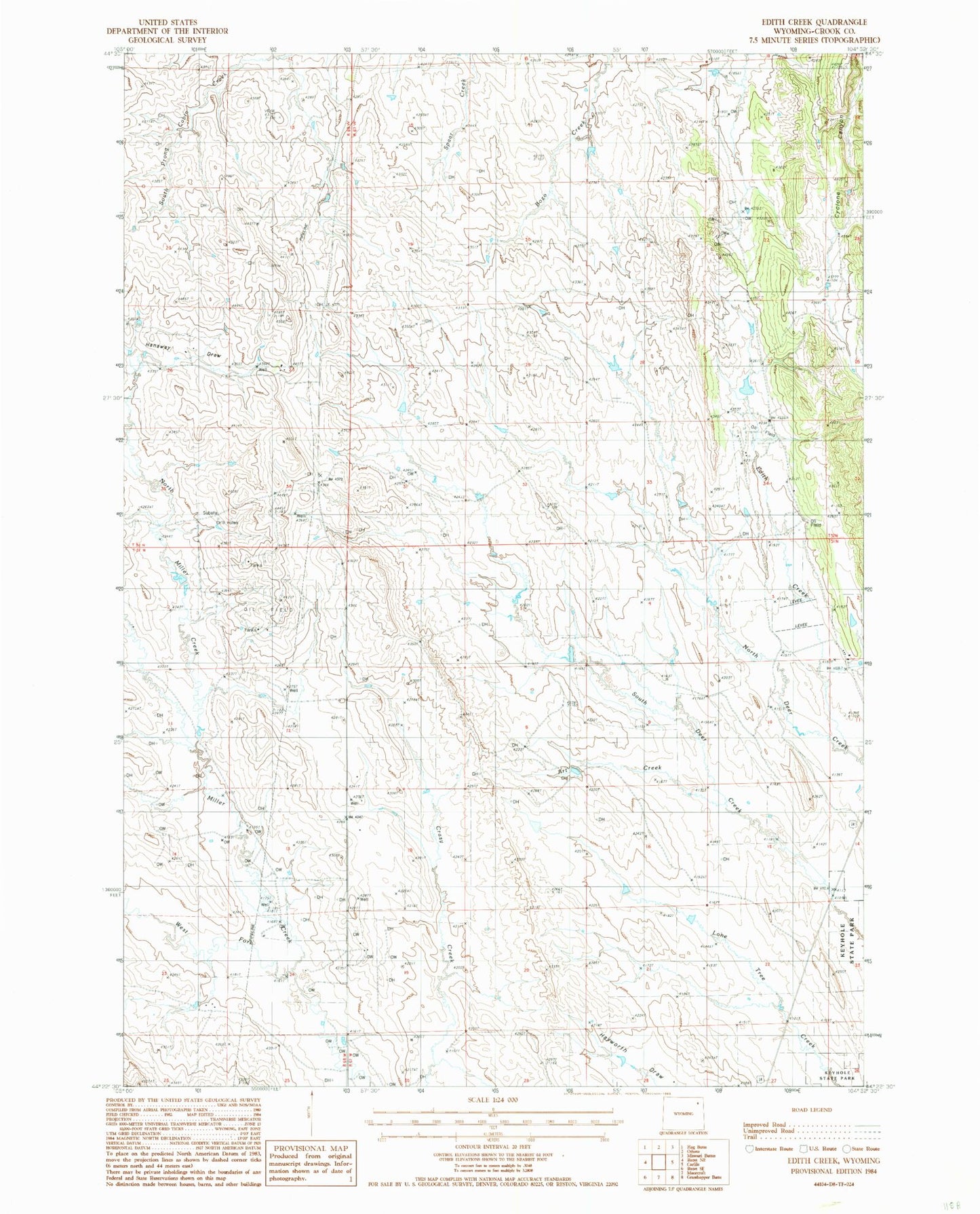 Classic USGS Edith Creek Wyoming 7.5'x7.5' Topo Map Image