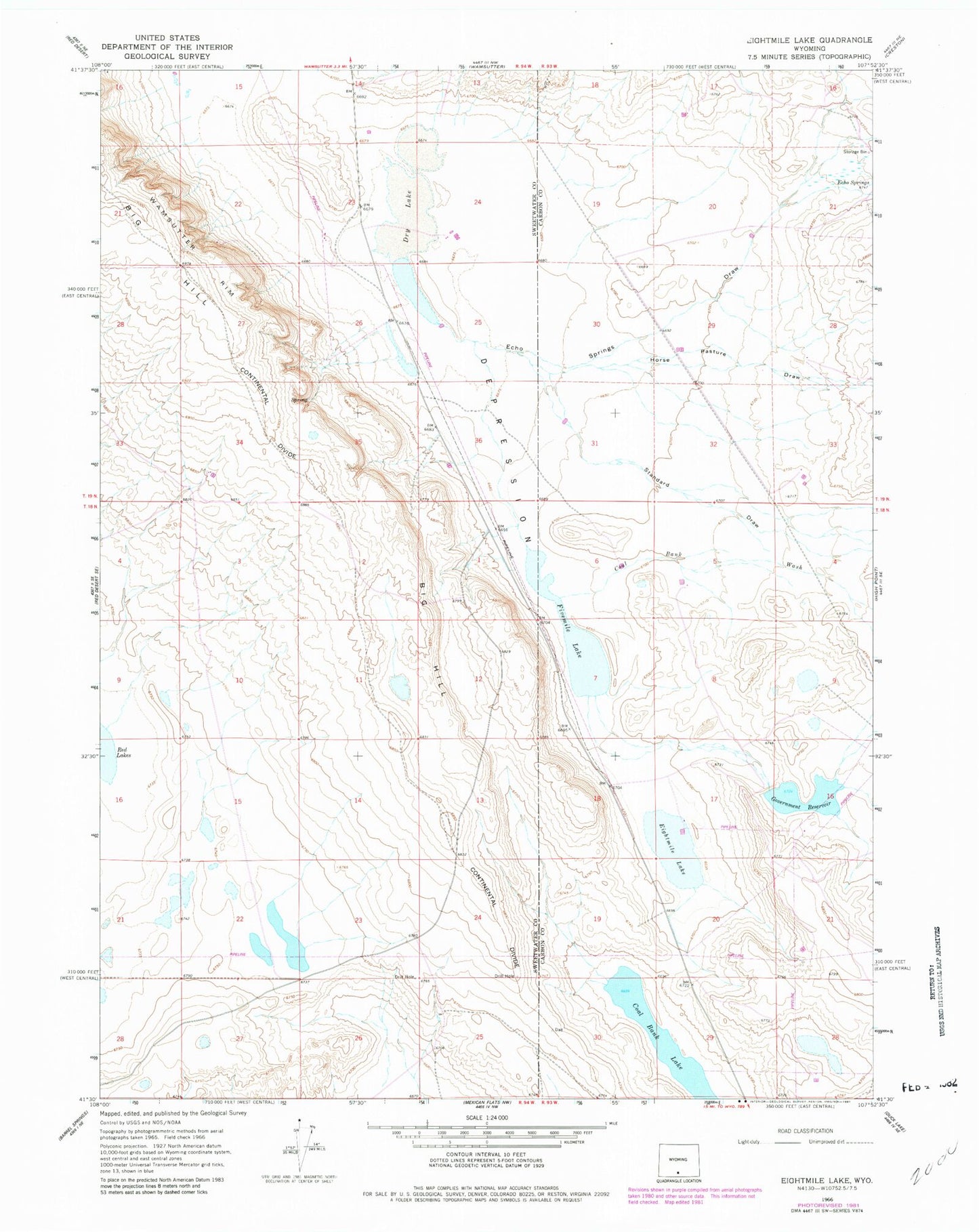 Classic USGS Eightmile Lake Wyoming 7.5'x7.5' Topo Map Image