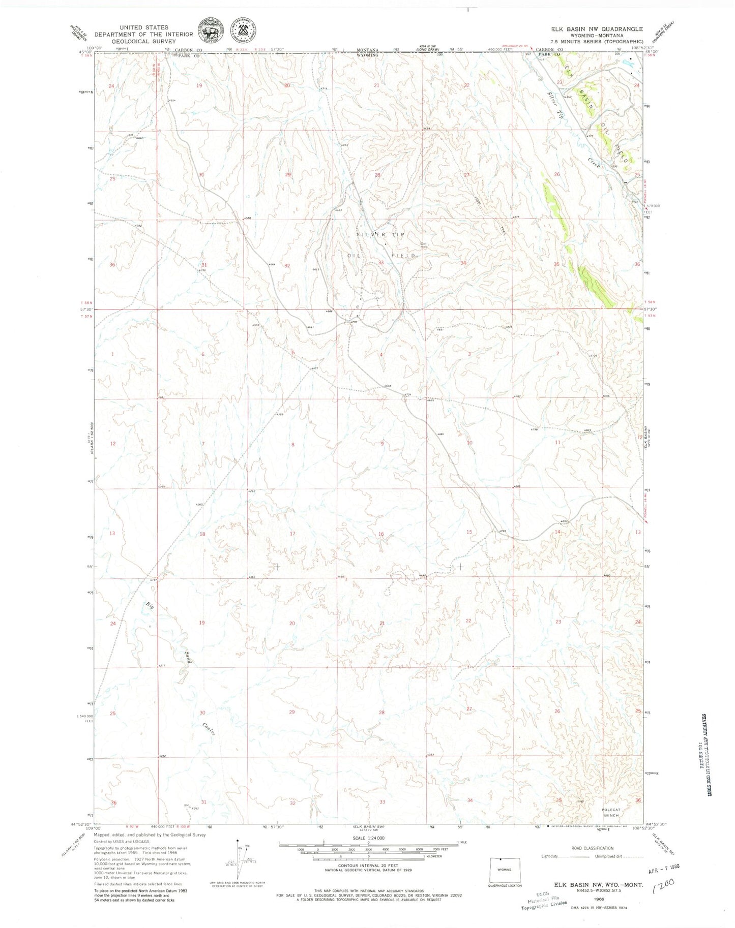 Classic USGS Elk Basin NW Wyoming 7.5'x7.5' Topo Map Image