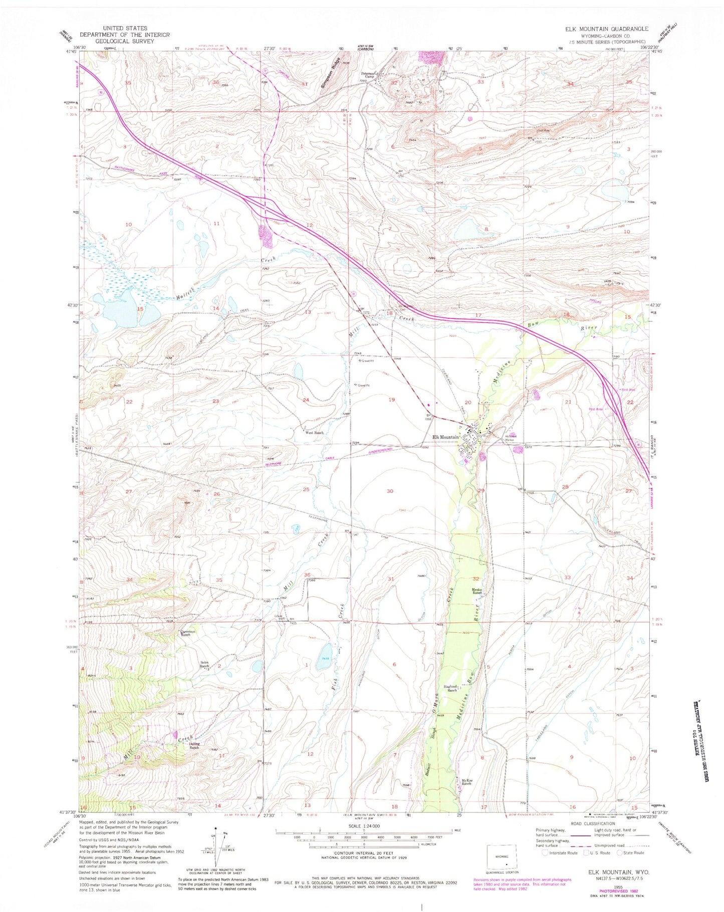 Classic USGS Elk Mountain Wyoming 7.5'x7.5' Topo Map Image