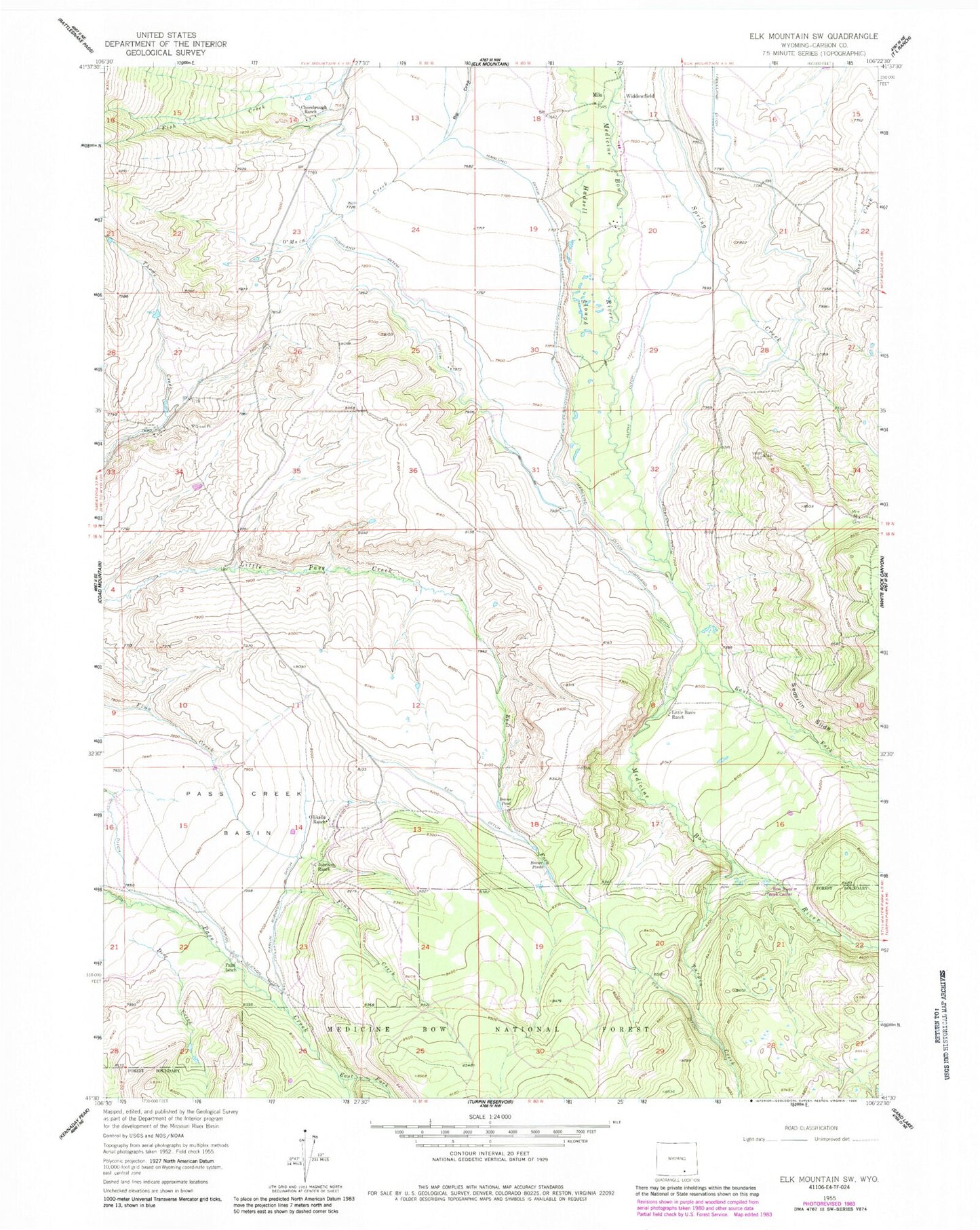 Classic USGS Elk Mountain SW Wyoming 7.5'x7.5' Topo Map Image