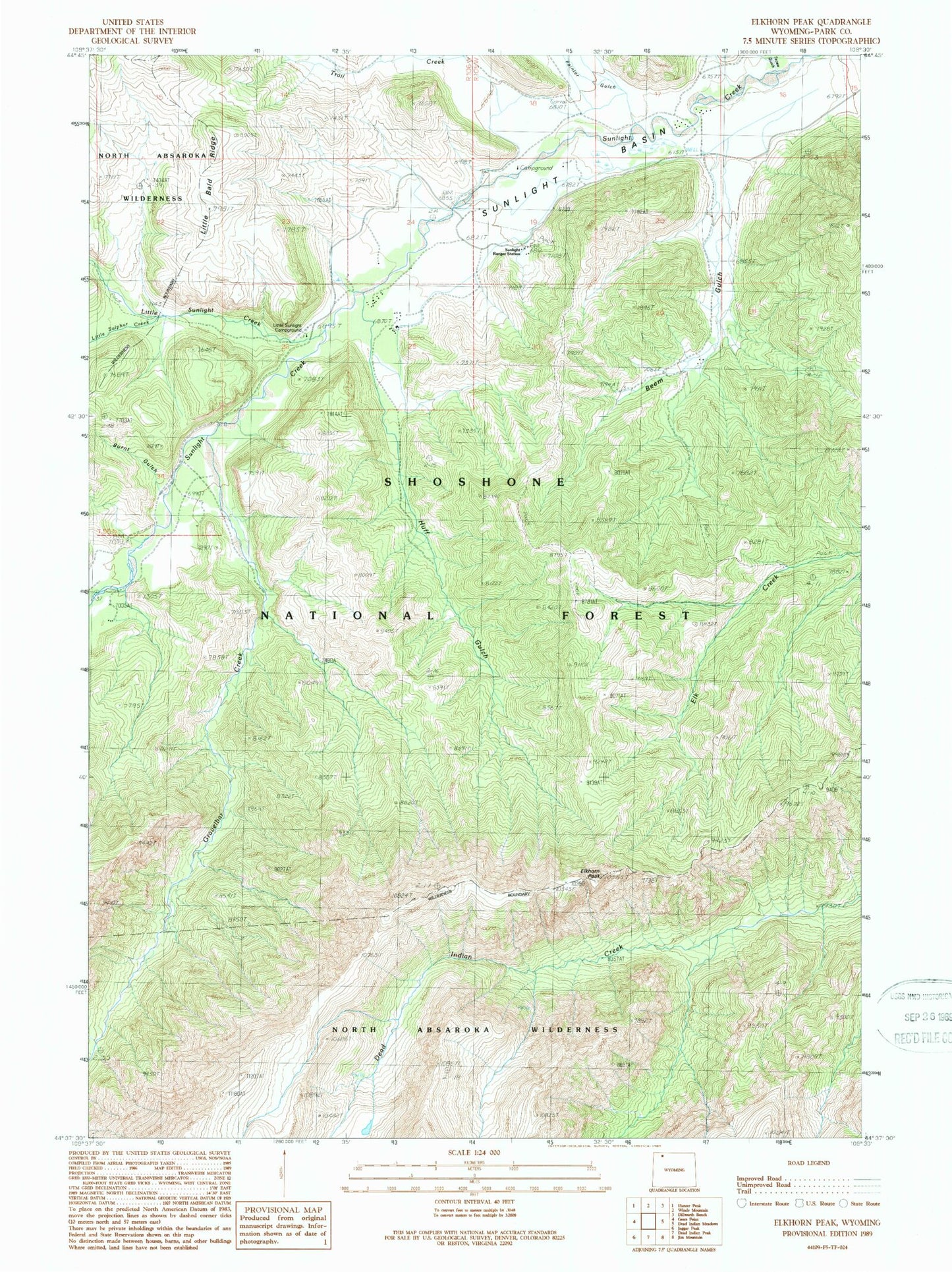 Classic USGS Elkhorn Peak Wyoming 7.5'x7.5' Topo Map Image