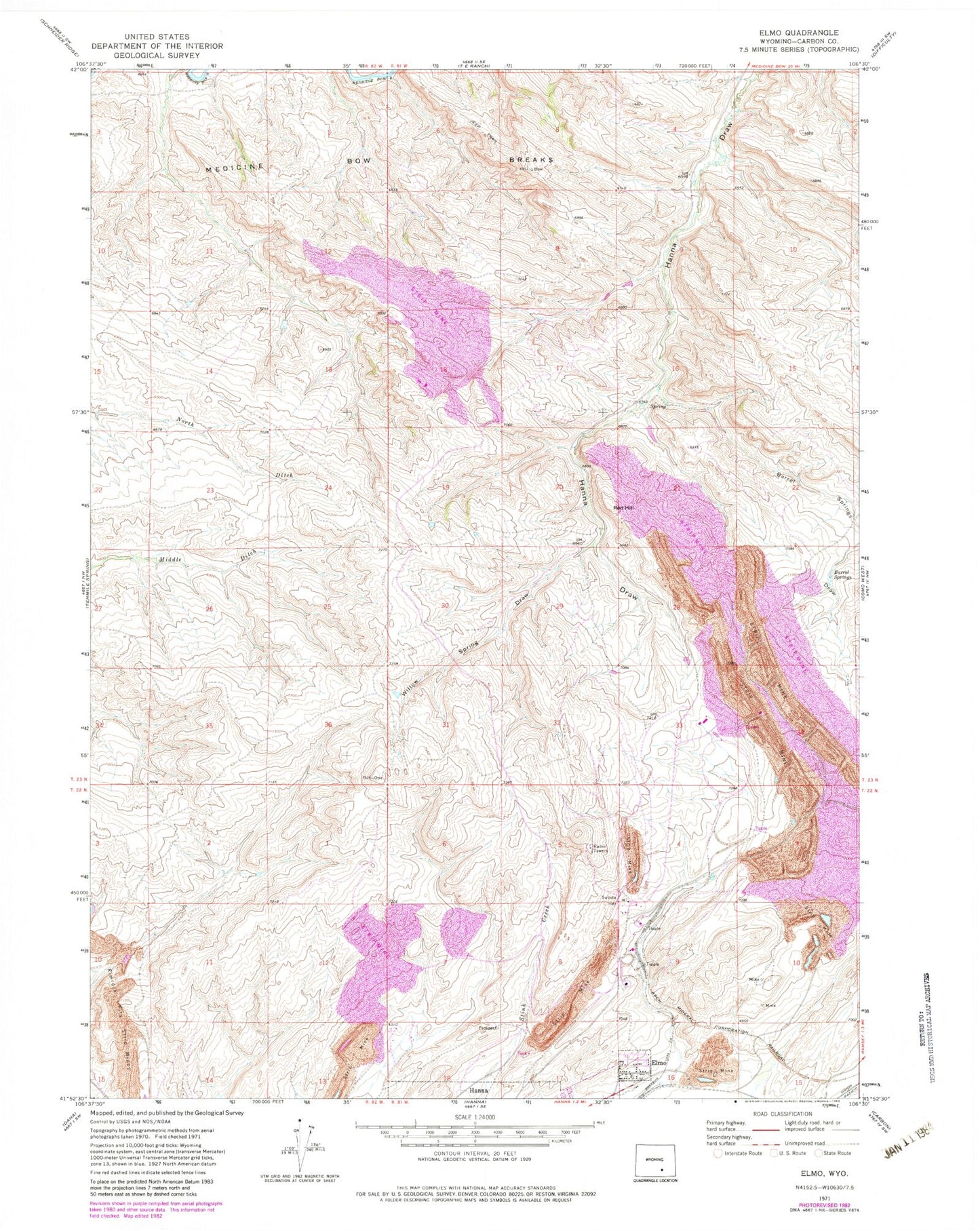 Classic USGS Elmo Wyoming 7.5'x7.5' Topo Map Image