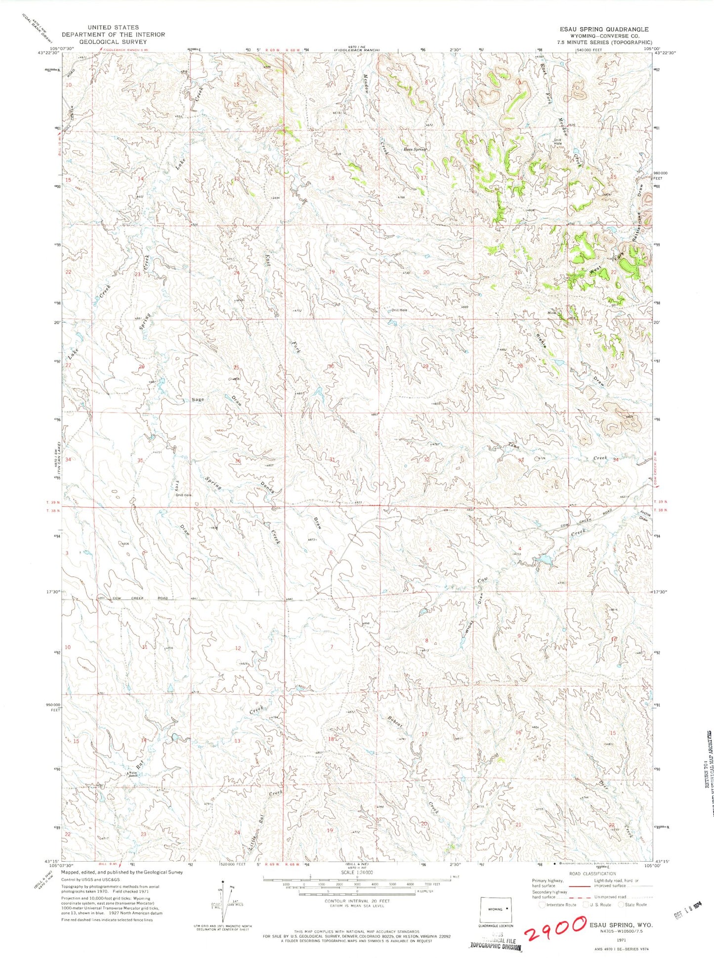 Classic USGS Esau Spring Wyoming 7.5'x7.5' Topo Map Image