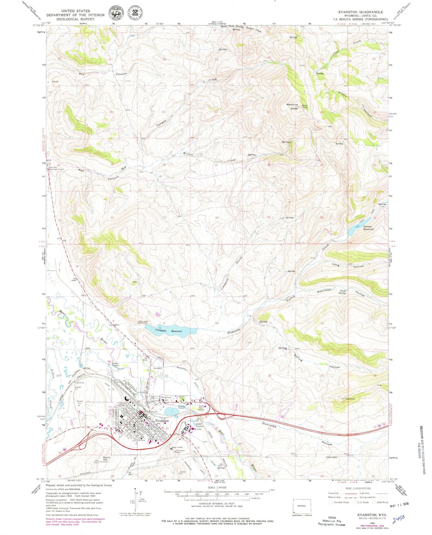 Classic USGS Evanston Wyoming 7.5'x7.5' Topo Map Image