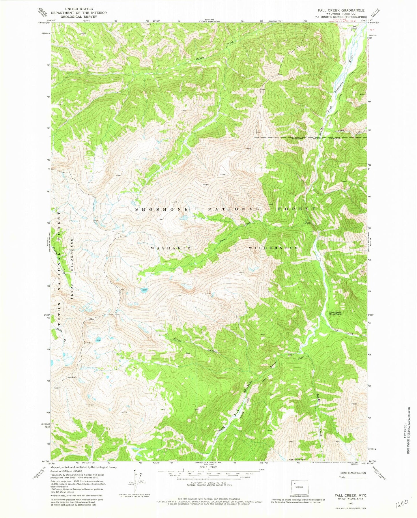 Classic USGS Fall Creek Wyoming 7.5'x7.5' Topo Map Image