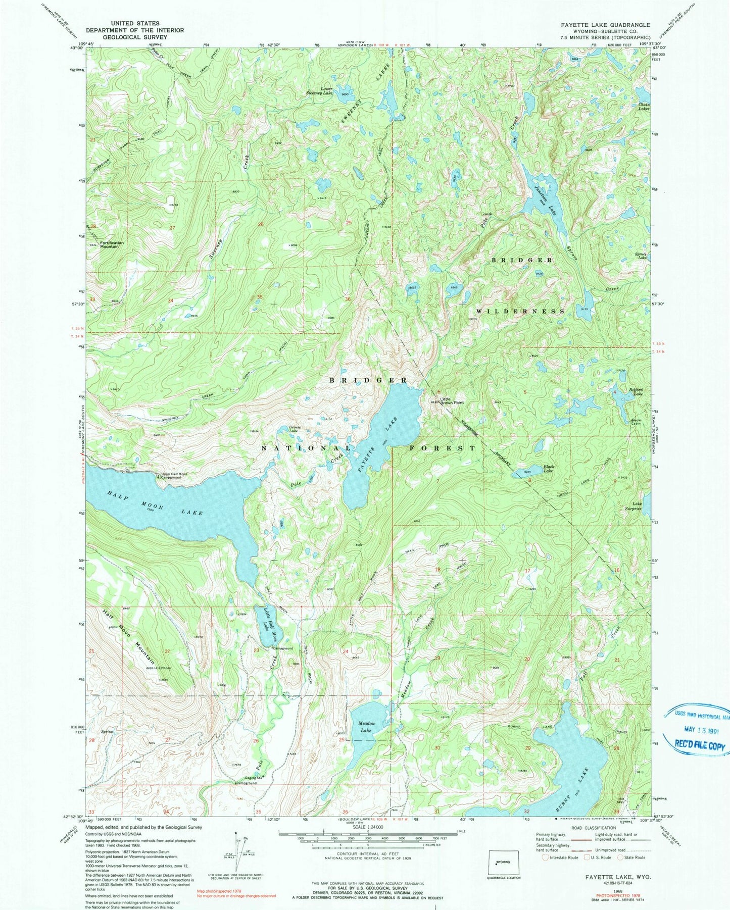 Classic USGS Fayette Lake Wyoming 7.5'x7.5' Topo Map Image