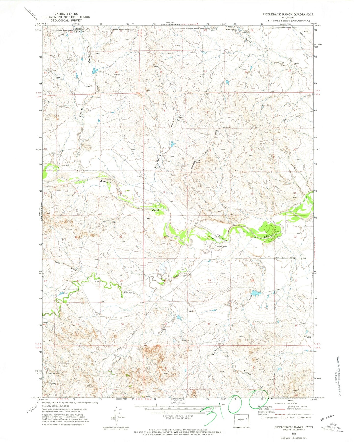 Classic USGS Fiddleback Ranch Wyoming 7.5'x7.5' Topo Map Image