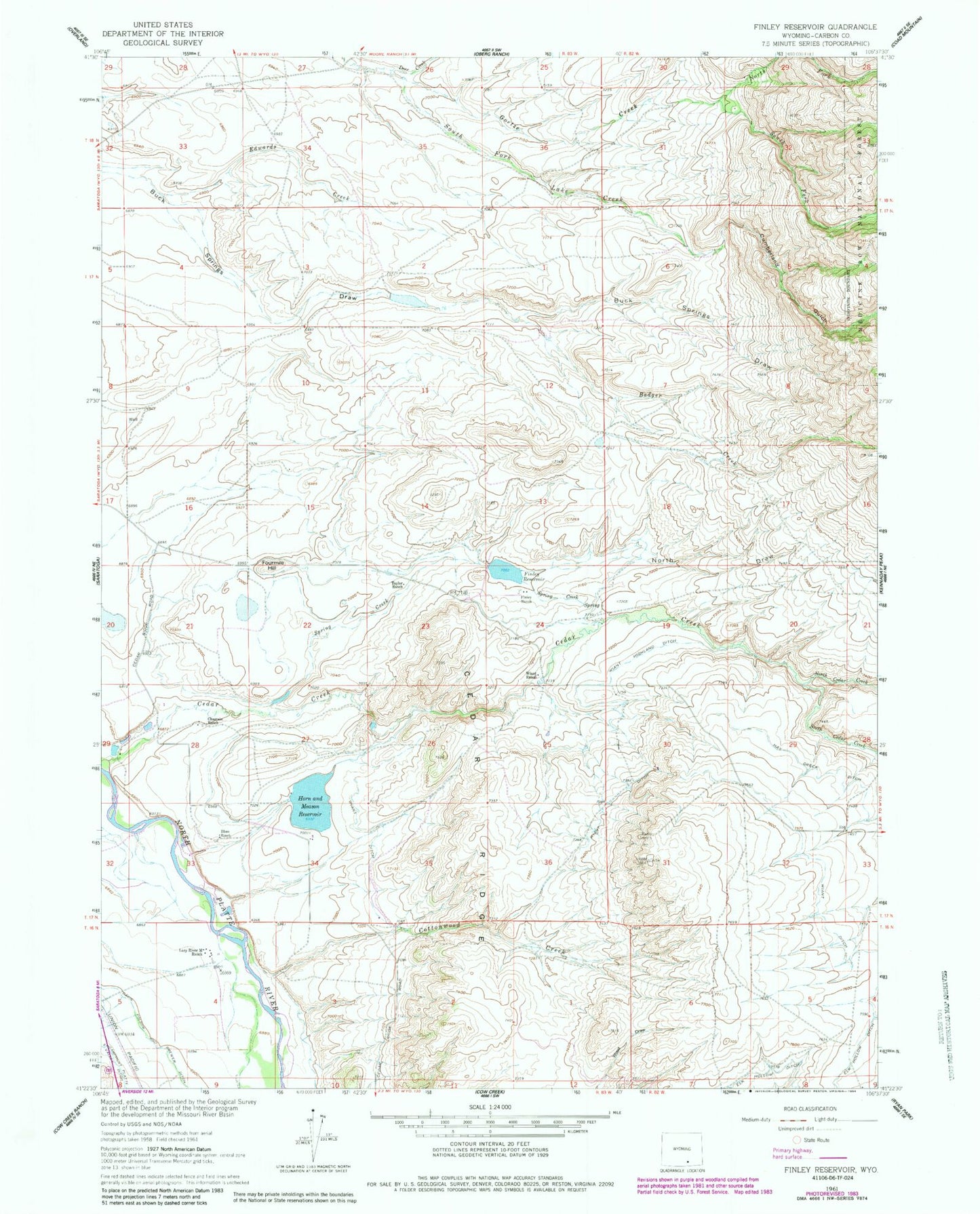 Classic USGS Finley Reservoir Wyoming 7.5'x7.5' Topo Map Image