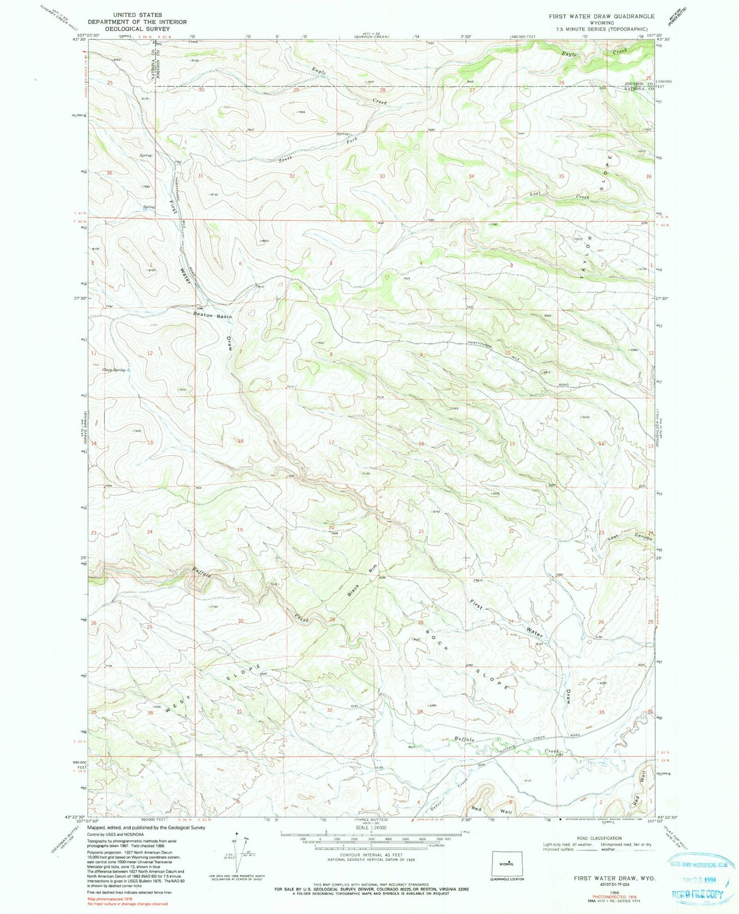 Classic USGS First Water Draw Wyoming 7.5'x7.5' Topo Map Image
