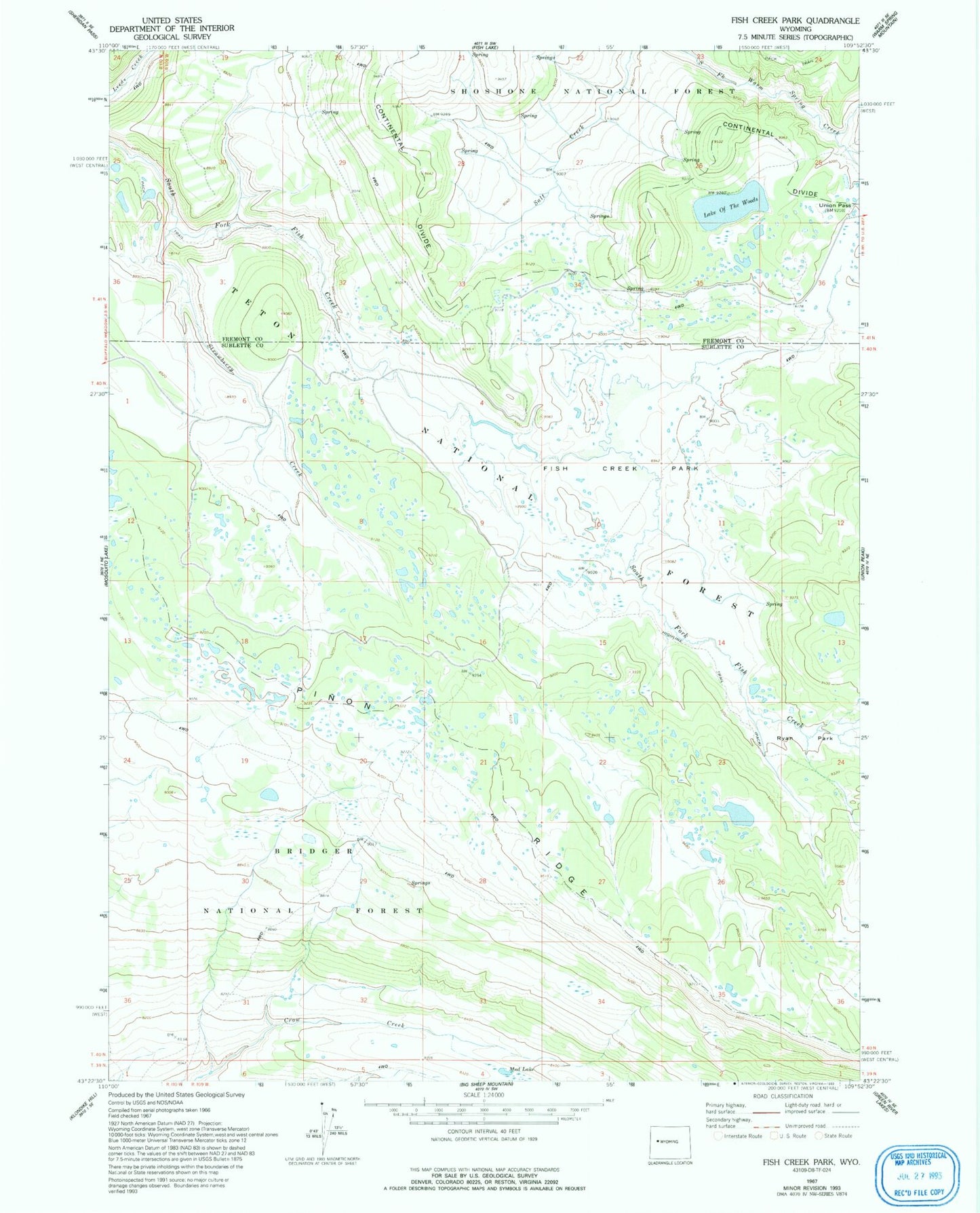 Classic USGS Fish Creek Park Wyoming 7.5'x7.5' Topo Map Image