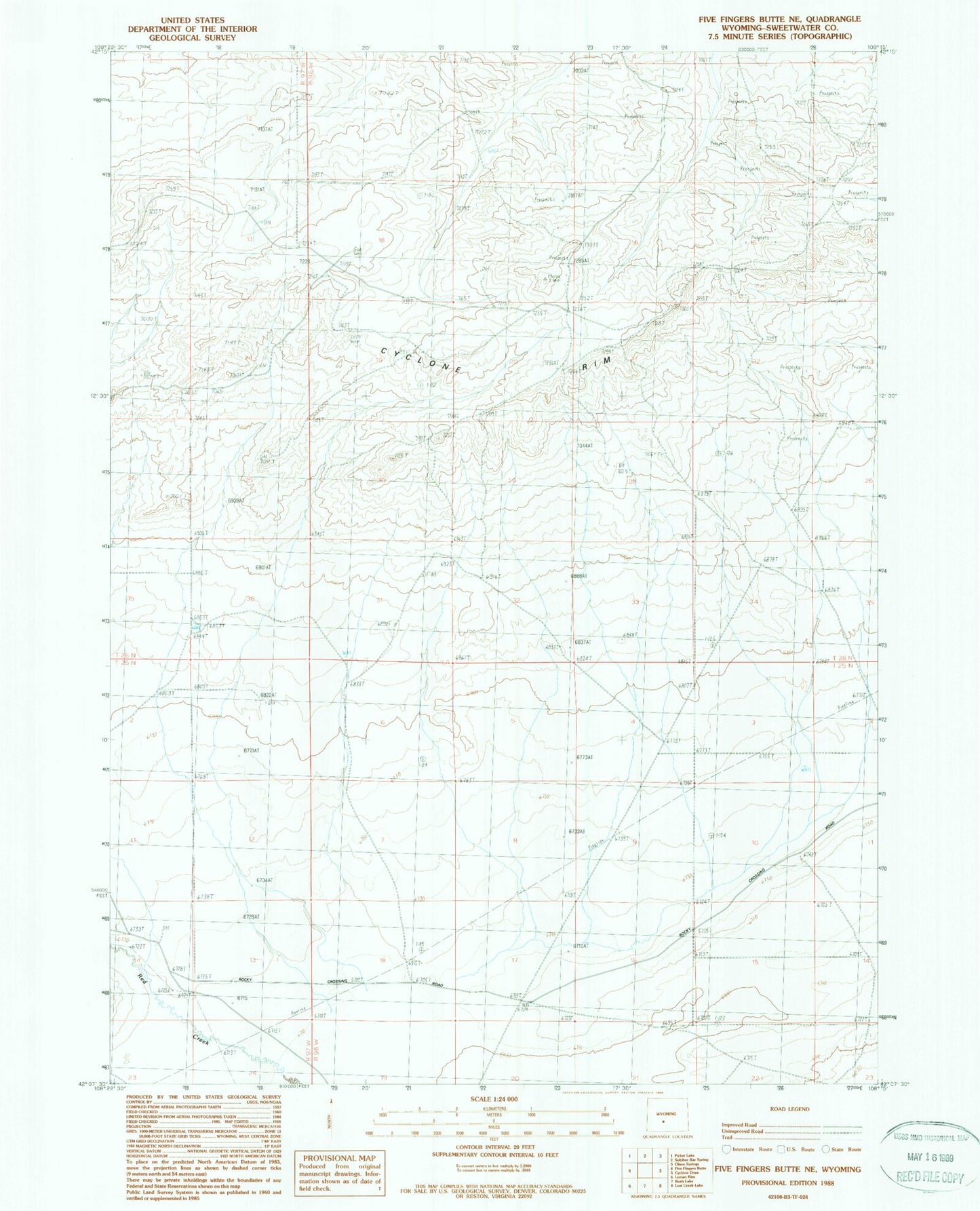 Classic USGS Five Fingers Butte NE Wyoming 7.5'x7.5' Topo Map Image