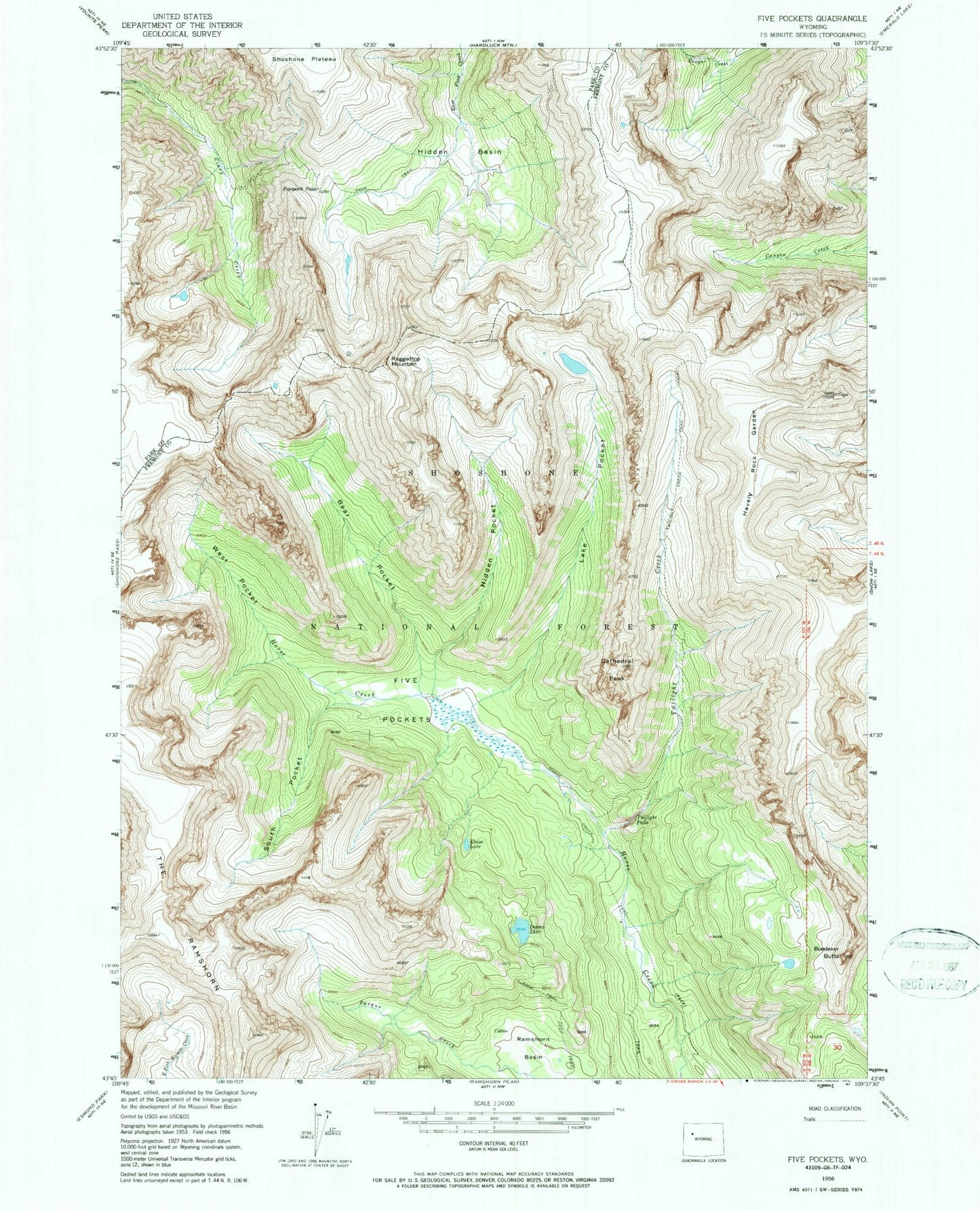 Classic USGS Five Pockets Wyoming 7.5'x7.5' Topo Map Image
