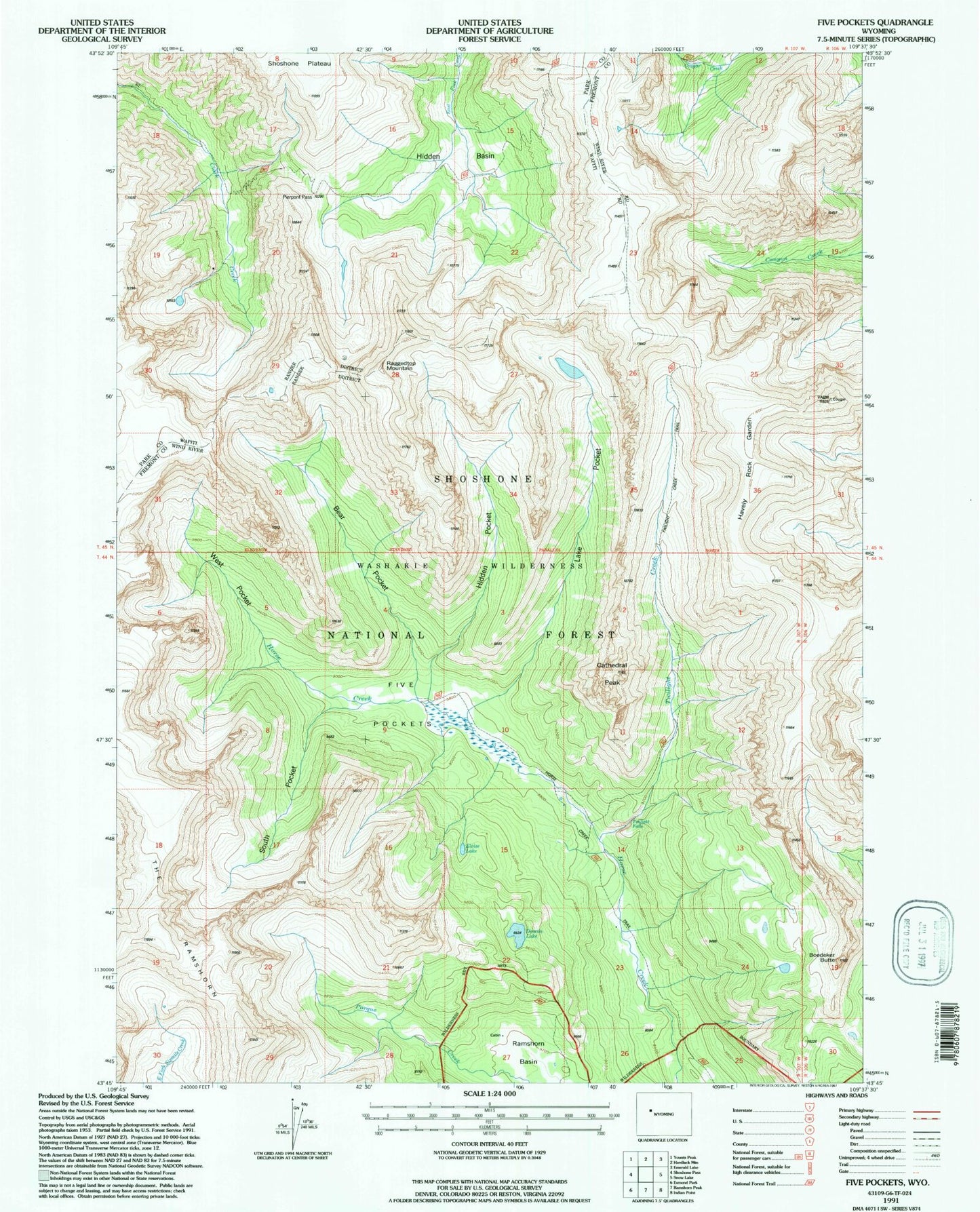 Classic USGS Five Pockets Wyoming 7.5'x7.5' Topo Map Image