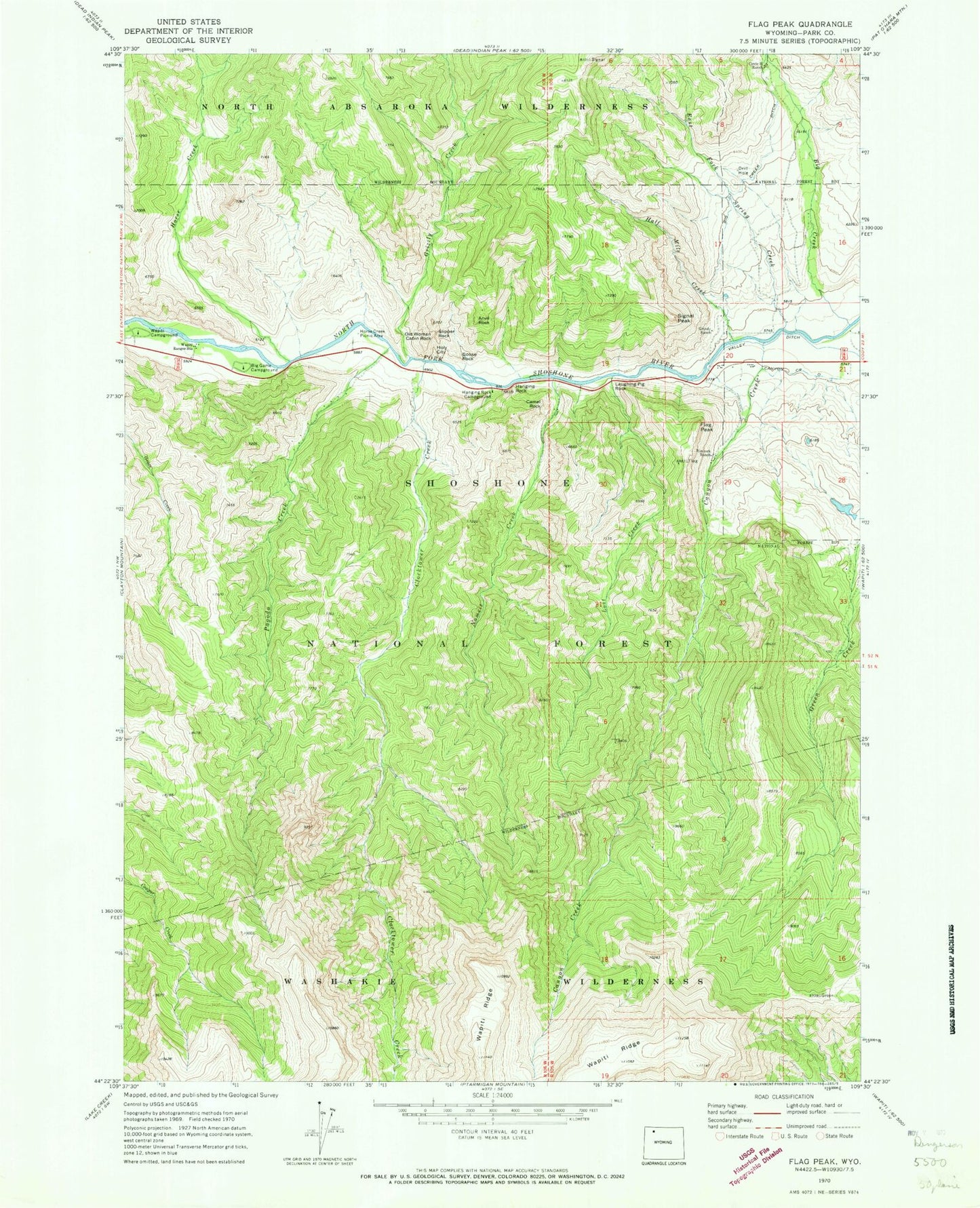 Classic USGS Flag Peak Wyoming 7.5'x7.5' Topo Map Image