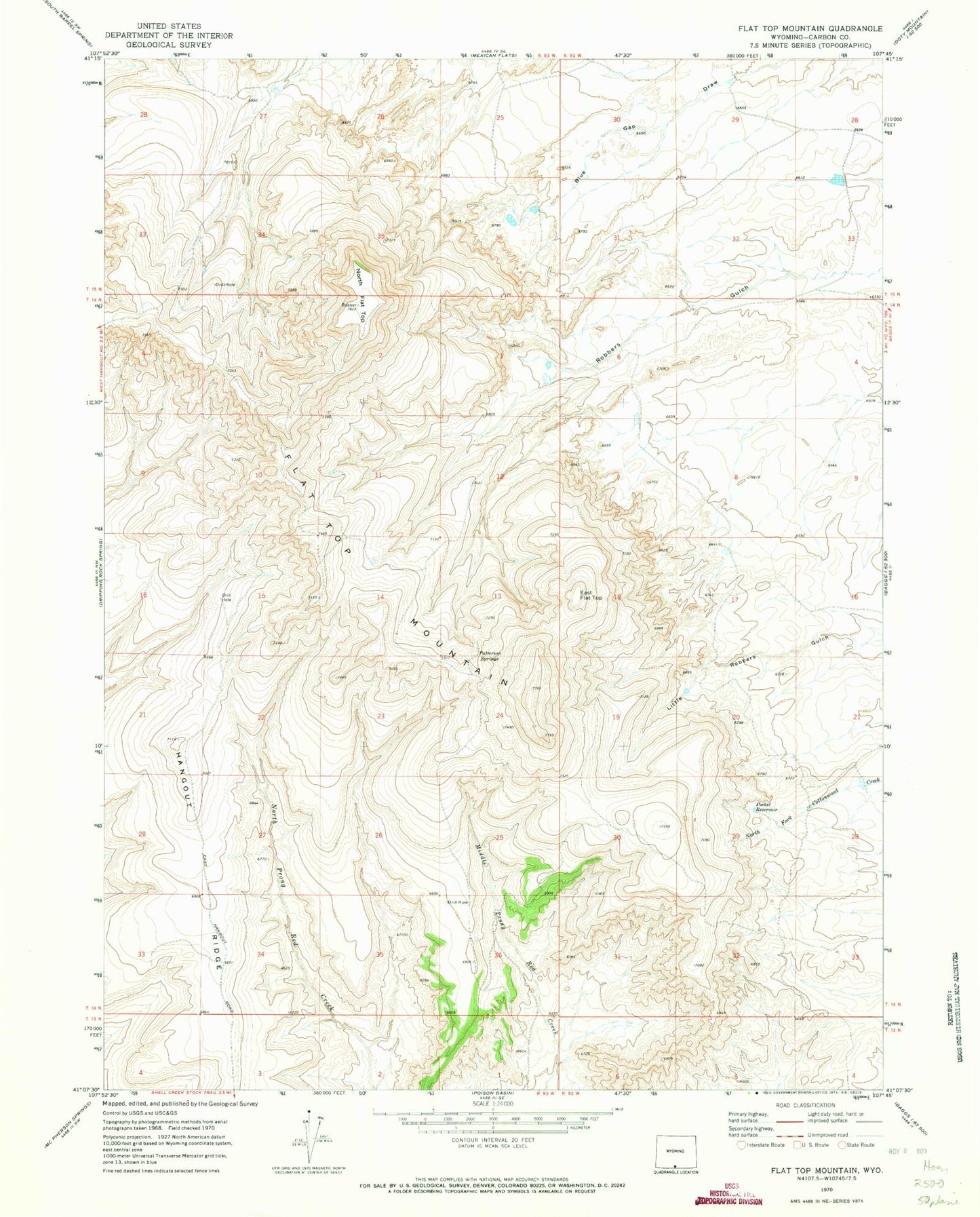 Classic USGS Flat Top Mountain Wyoming 7.5'x7.5' Topo Map Image