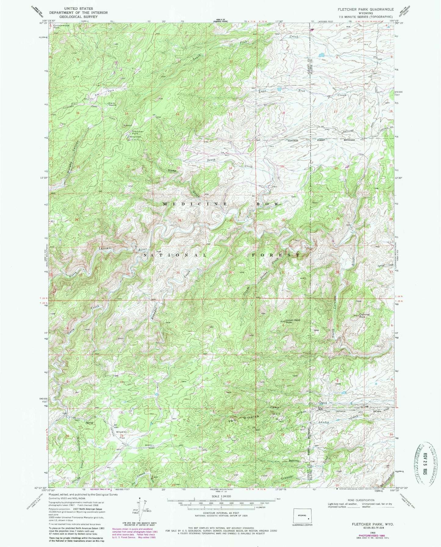 Classic USGS Fletcher Park Wyoming 7.5'x7.5' Topo Map Image