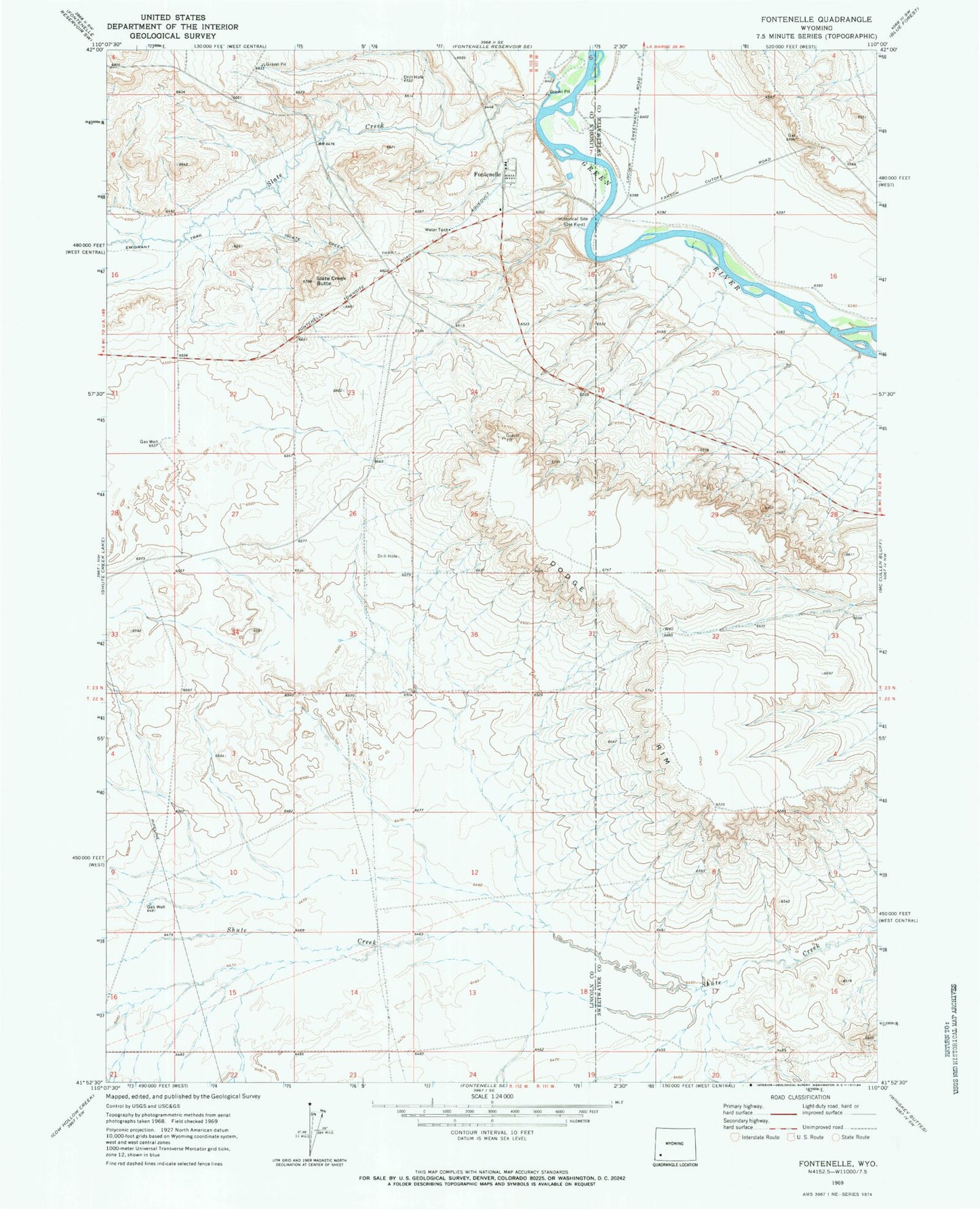 Classic USGS Fontenelle Wyoming 7.5'x7.5' Topo Map Image