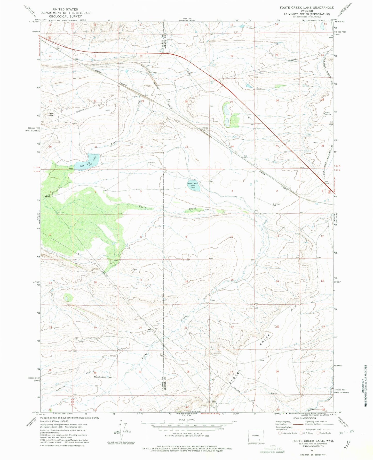 Classic USGS Foote Creek Lake Wyoming 7.5'x7.5' Topo Map Image