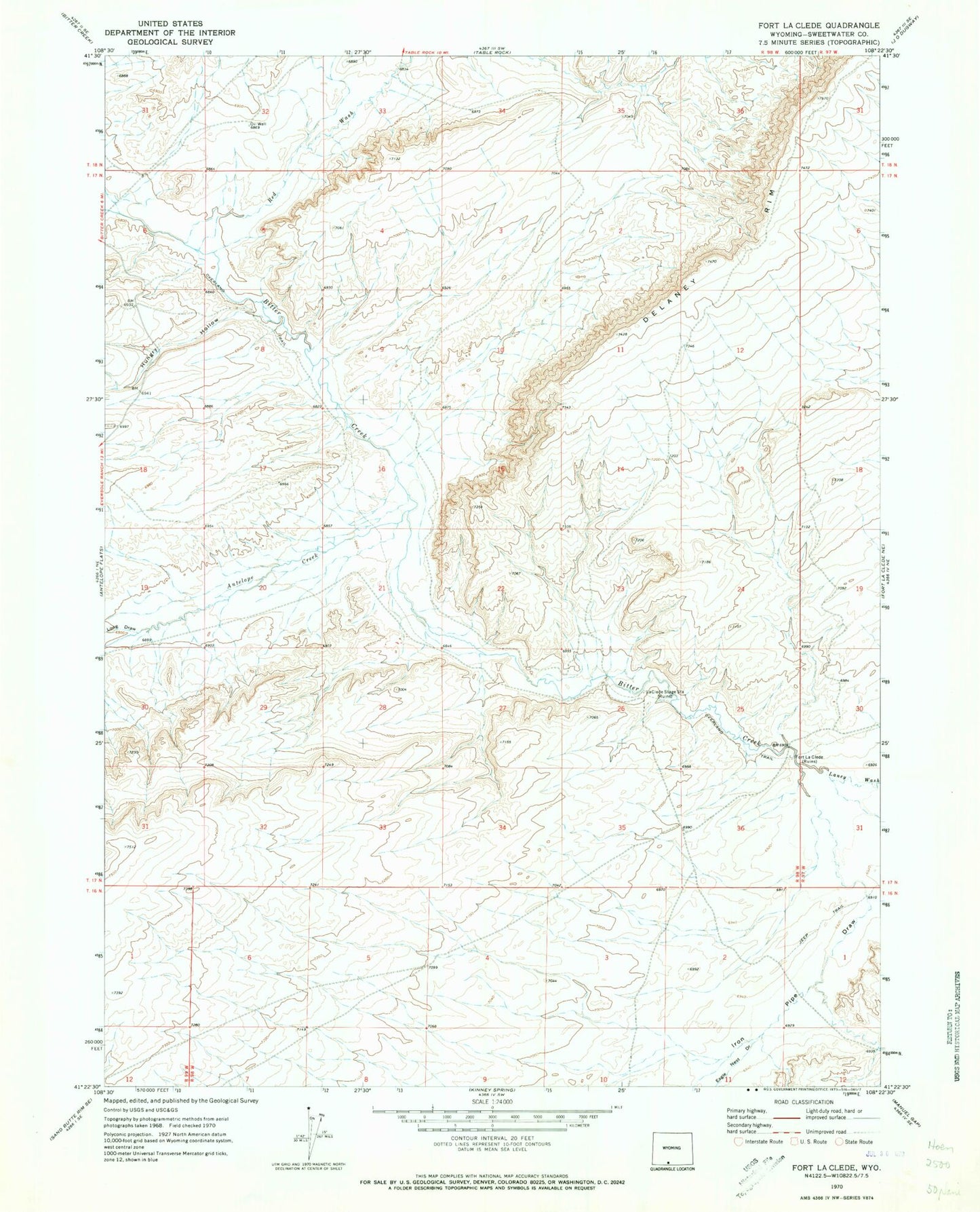 Classic USGS Fort La Clede Wyoming 7.5'x7.5' Topo Map Image