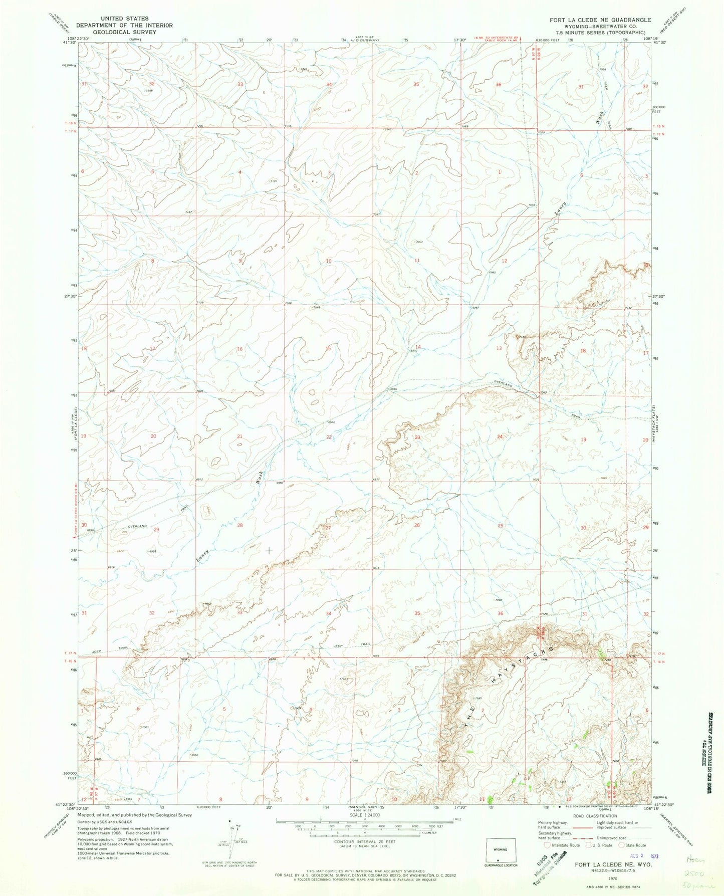 Classic USGS Fort La Clede NE Wyoming 7.5'x7.5' Topo Map Image