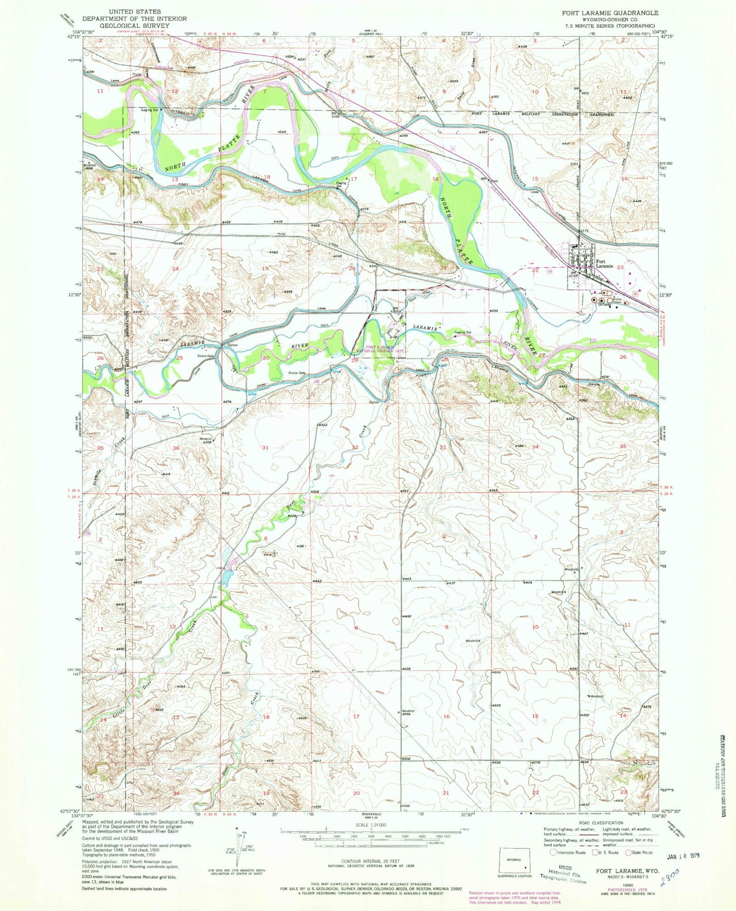 Classic USGS Fort Laramie Wyoming 7.5'x7.5' Topo Map Image