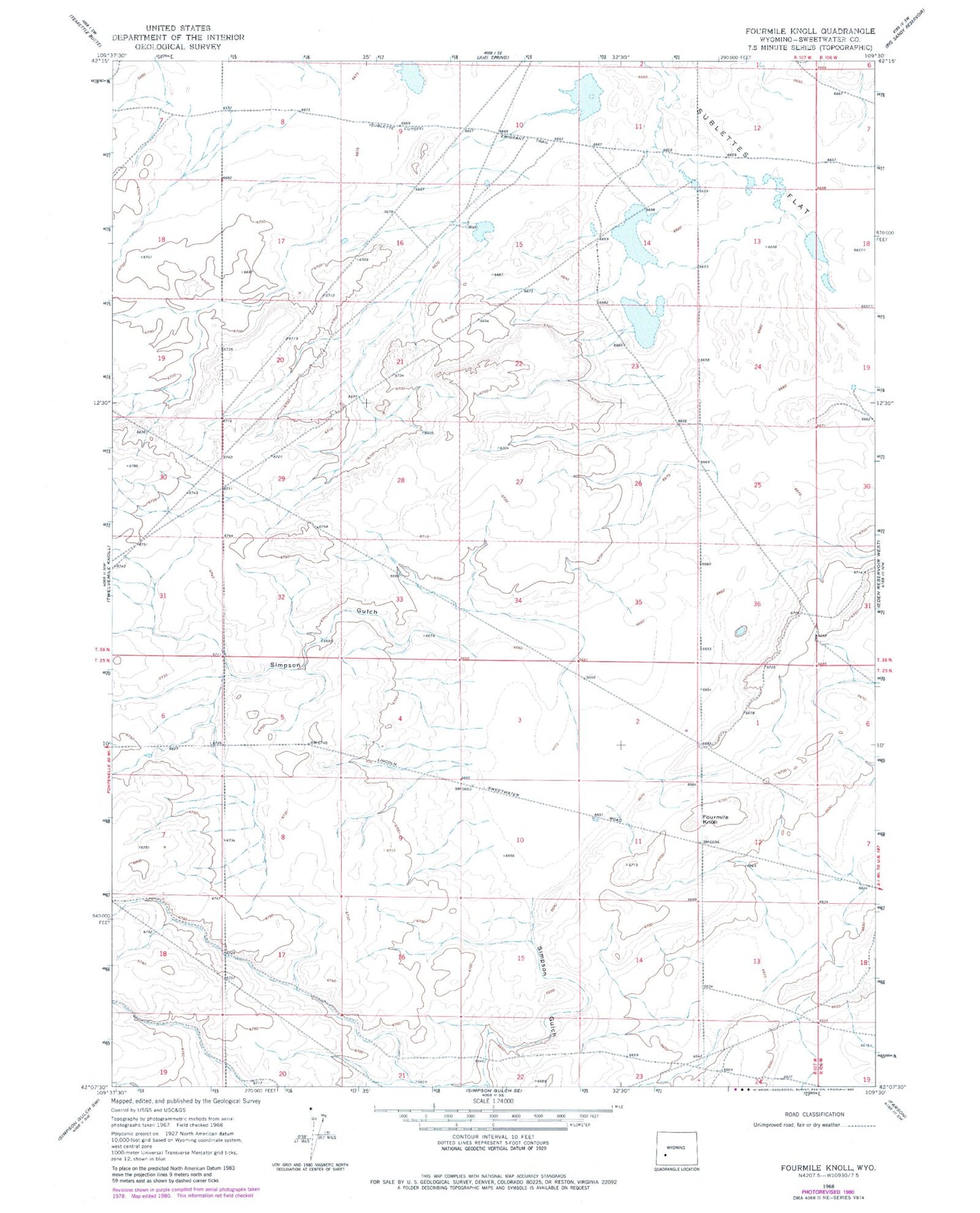 Classic USGS Fourmile Knoll Wyoming 7.5'x7.5' Topo Map Image