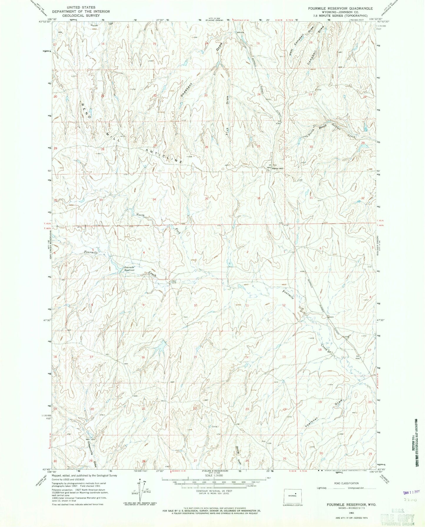 Classic USGS Fourmile Reservoir Wyoming 7.5'x7.5' Topo Map Image
