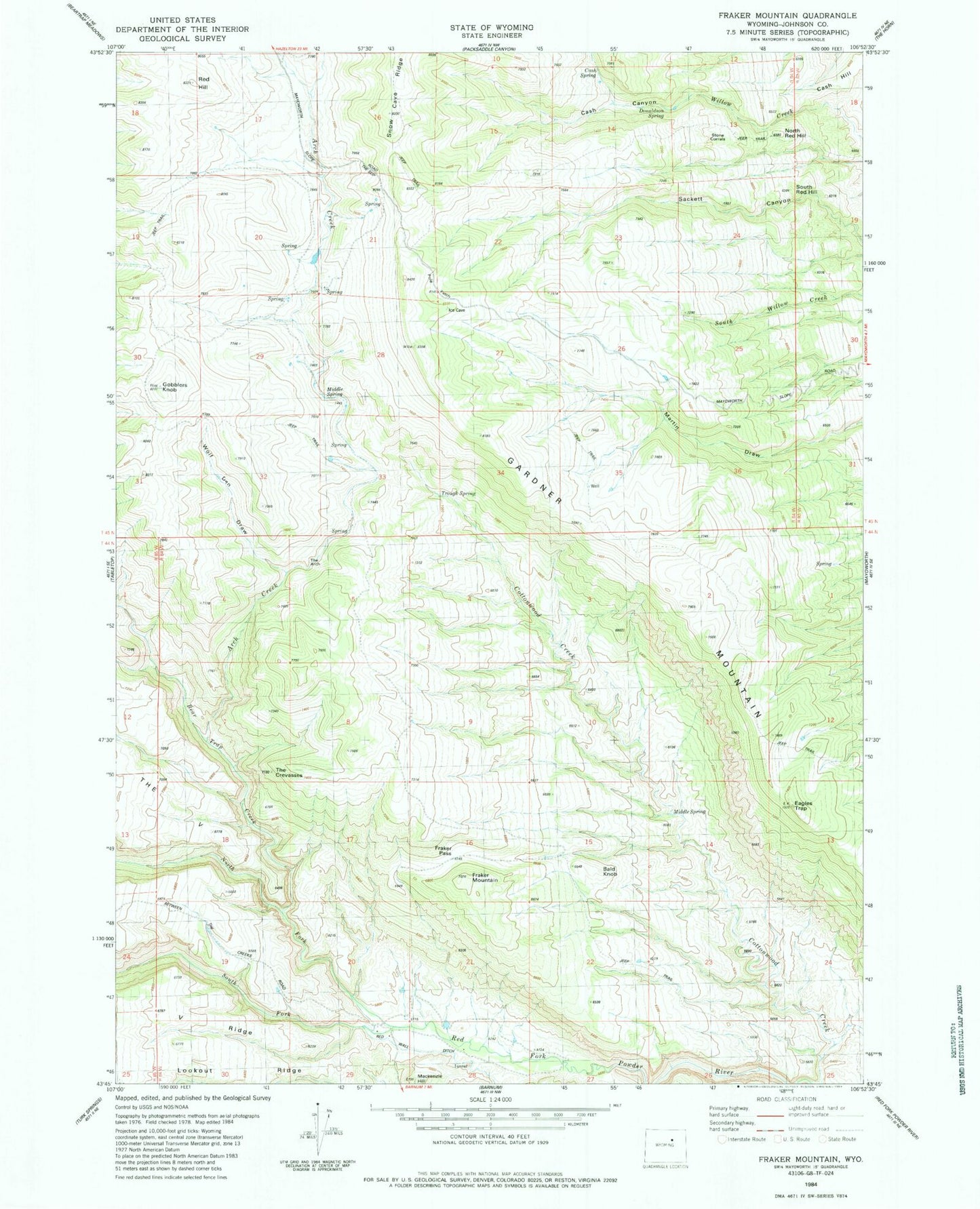 Classic USGS Fraker Mountain Wyoming 7.5'x7.5' Topo Map Image